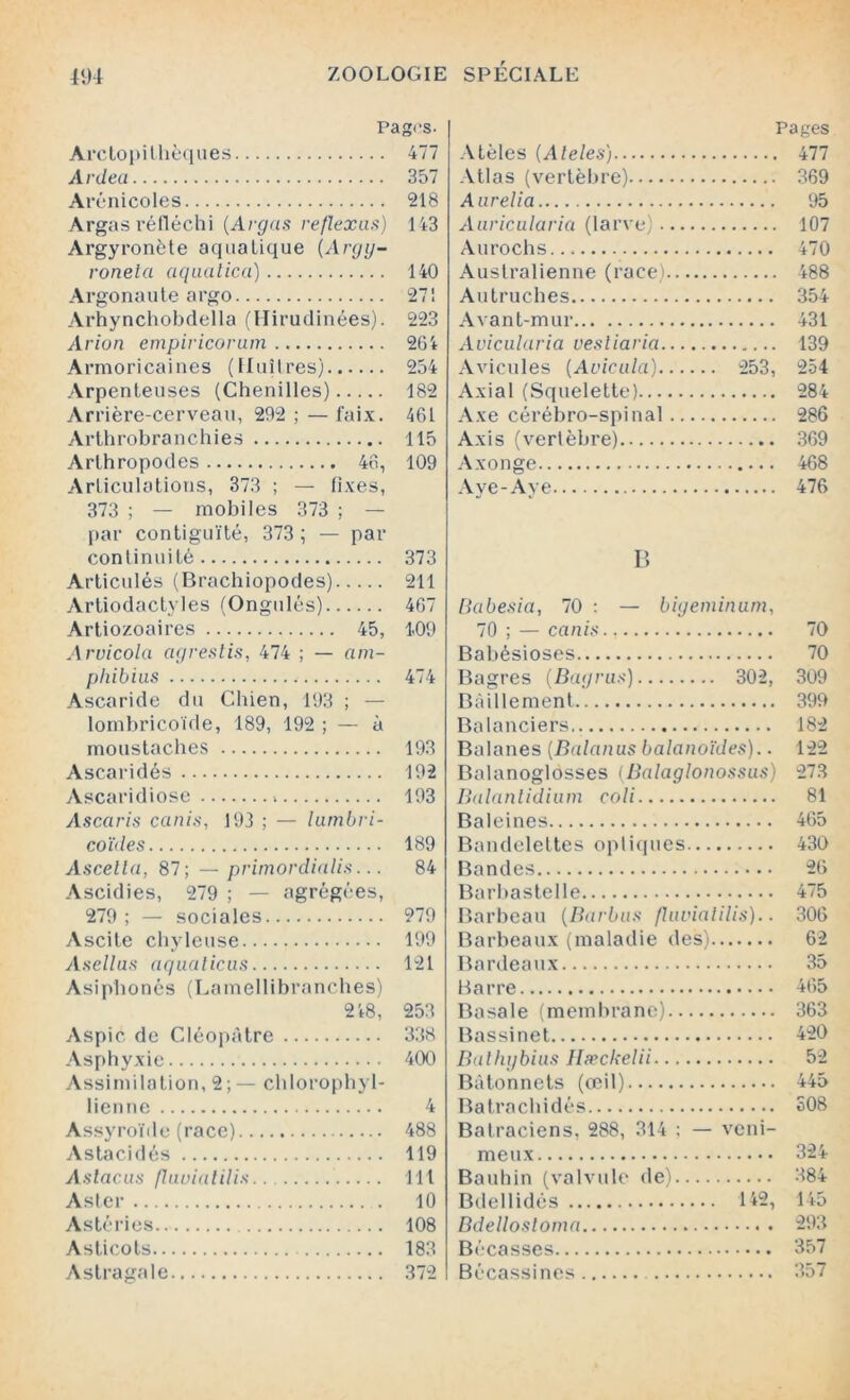 Pa Arctopithèques Ardea Arénicoles Argas réfléchi (Argas reflexas) Argyronète aquatique (Argg- ronela aqualica) Argonaute argo Arhynchobdella (Hirudinées). Ariun empiricorum Armoricaines (Huîtres) Arpenteuses (Chenilles) Arrière-cerveau, 292 ; — faix. Arthrobranchies Arthropodes 46, Articulations, 373 ; — fixes, 373 ; — mobiles 373 ; — par contiguïté, 373 ; — par continuité Articulés (Brachiopodes) Artiodactyles (Ongulés) Artiozoaires 45, Arvicola agrestis, 474 ; — am- phibius Ascaride du Chien, 193 ; — lombricoïde, 189, 192 ; — à moustaches Ascaridés Ascaridiose Ascaris canis, 193 ; — lumbri- coïdes Ascella, 87; — primordialis... Ascidies, 279 ; — agrégées, 279; — sociales Ascite chyleuse Asellus aquaticus Asiphonés (Lamellibranches) 218, Aspic de Cléopâtre Asphyxie Assimilation, 2;— chlorophyl- lienne Assyroïde (race) Astacidés Astacus fluvialilis.. Aster Astéries Asticots Astragale Pages Atèles (Ateles) 477 Atlas (vertèbre) 369 Anrelia 95 Auricularia (larve) 107 Aurochs... 470 Australienne (race) 488 Autruches 354 Avant-mur 431 Avicularia vesliaria 139 Avicules (Avicala) 253, 254 Axial (Squelette) 284 Axe cérébro-spinal 286 Axis (vertèbre) 369 Axonge 168 Aye-Aye 476 B Babesia, 70 : — bigeminum, 70 ; — canis. 70 Babésioses 70 Bagres (Bagrus) 302, 309 Bâillement 399 Balanciers 182 Balanes (.Balanus balanoïdes).. 122 Balanoglosses (Balaglonossus) 273 Balantidium coli 81 Baleines 465 Bandelettes optiques 430 Bandes 26 Barbastelle 475 Barbeau (Barbus fluvialilis).. 306 Barbeaux (maladie des) 62 Bardeaux 35 Barre 465 Basale (membrane) 363 Bassinet 420 Bathybius Hæckelii 52 Bâtonnets (œil) 445 Batrachidés 308 Batraciens, 288, 314 : — veni- meux 324 Bauhin (valvule de) 384 Bdellidés 142, 145 Bdellosloma 293 Bécasses 357 Bécassines 357 gcs. 477 357 218 113 140 27! 223 261 254 182 461 115 109 373 211 467 1.09 474 193 192 193 189 84 279 199 121 253 338 400 4 488 119 111 10 108 183 372