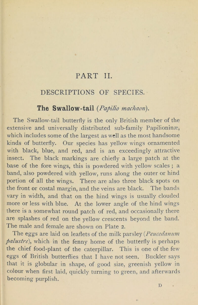 PART II. DESCRIPTIONS OF SPECIES. The Swallow-tail (Papilio machaon). The Swallow-tail butterfly is the only British member of the extensive and universally distributed sub-family Papilioninoe, which includes some of the largest as well as the most handsome kinds of butterfly. Our species has yellow wings ornamented with black, blue, and red, and is an exceedingly attractive insect. The black markings are chiefly a large patch at the base of the fore wings, this is powdered with yellow scales ; a band, also powdered with yellow, runs along the outer or hind portion of all the wings. There are also three black spots on the front or costal margin, and the veins are black. The bands vary in width, and that on the hind wings is usually clouded more or less with blue. At the lower angle of the hind wings there is a somewhat round patch of red, and occasionally there are splashes of red on the yellow crescents beyond the band. The male and female are shown on Plate 2. The eggs are laid on leaflets of the milk parsley {Pcucedanum palustre), which in the fenny home of the butterfly is perhaps the chief food-plant of the caterpillar. This is one of the few eggs of British butterflies that I have not seen. Buckler says that it is globular in shape, of good size, greenish yellow in colour when first laid, quickly turning to green, and afterwards becoming purplish. D