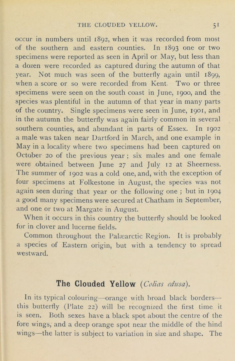 occur in numbers until 1892, when it was recorded from most of the southern and eastern counties. In 1893 one or two specimens were reported as seen in April or May, but less than a dozen were recorded as captured during the autumn of that year. Not much was seen of the butterfly again until 1899, when a score or so were recorded from Kent. Two or three specimens were seen on the south coast in June, 1900, and the species was plentiful in the autumn of that year in many parts of the country. Single specimens were seen in June, 1901, and in the autumn the butterfly was again fairly common in several southern counties, and abundant in parts of Essex. In 1902 a male was taken near Dartford in March, and one example in May in a locality where two specimens had been captured on October 20 of the previous year ; six males and one female were obtained between June 27 and July 12 at Sheerness. The summer of 1902 was a cold one, and, with the exception of four specimens at Folkestone in August, the species was not again seen during that year or the following one ; but in 1904 a good many specimens were secured at Chatham in September, and one or two at Margate in August. When it occurs in this country the butterfly should be looked for in clover and lucerne fields. Common throughout the Pakearctic Region. It is probably a species of Eastern origin, but with a tendency to spread westward. The Clouded Yellow (Colias edusa). In its typical colouring—orange with broad black borders—• this butterfly (Plate 22) will be recognized the first time it is seen. Both sexes have a black spot about the centre of the fore wings, and a deep orange spot near the middle of the hind wings—the latter is subject to variation in size and shape. The