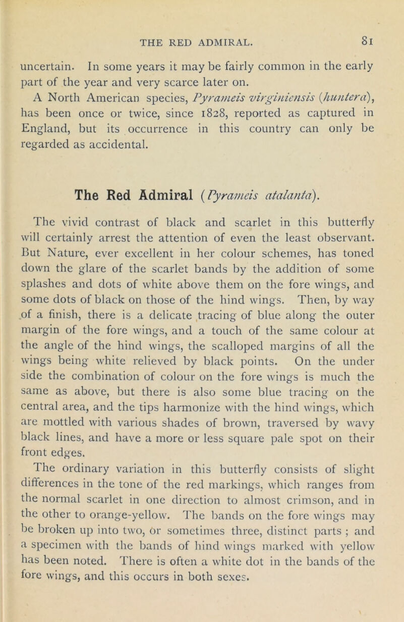 Si uncertain. In some years it may be fairly common in the early part of the year and very scarce later on. A North American species, Pyrameis virginiensis (huntera), has been once or twice, since 1828, reported as captured in England, but its occurrence in this country can only be regarded as accidental. The Red Admiral (Pyrameis citalantd). The vivid contrast of black and scarlet in this butterfly will certainly arrest the attention of even the least observant. But Nature, ever excellent in her colour schemes, has toned down the glare of the scarlet bands by the addition of some splashes and dots of white above them on the fore wings, and some dots of black on those of the hind wings. Then, by way of a finish, there is a delicate tracing of blue along the outer margin of the fore wings, and a touch of the same colour at the angle of the hind wings, the scalloped margins of all the wings being white relieved by black points. On the under side the combination of colour on the fore wings is much the same as above, but there is also some blue tracing on the central area, and the tips harmonize with the hind wings, which are mottled with various shades of brown, traversed by wavy black lines, and have a more or less square pale spot on their front edges. The ordinary variation in this butterfly consists of slight differences in the tone of the red markings, which ranges from the normal scarlet in one direction to almost crimson, and in the other to orange-yellow. The bands on the fore wings may be broken up into two, Or sometimes three, distinct parts ; ancl a specimen with the bands of hind wings marked with yellow has been noted. There is often a white dot in the bands of the fore wings, and this occurs in both sexes.