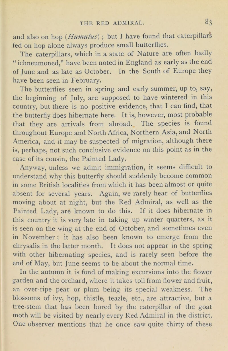 and also on hop (Humulus) ; but I have found that caterpillars fed on hop alone always produce small butterflies. The caterpillars, which in a state of Nature are often badly “ ichneumoned,” have been noted in England as early as the end of June and as late as October. In the South of Europe they have been seen in February. The butterflies seen in spring and early summer, up to, say, the beginning of July, are supposed to have wintered in this country, but there is no positive evidence, that I can find, that the butterfly does hibernate here. It is, however, most probable that they are arrivals from abroad. The species is found throughout Europe and North Africa, Northern Asia, and North America, and it may be suspected of migration, although there is, perhaps, not such conclusive evidence on this point as in the case of its cousin, the Painted Lady. Anyway, unless we admit immigration, it seems difficult to understand why this butterfly should suddenly become common in some British localities from which it has been almost or quite absent for several years. Again, we rarely hear of butterflies moving about at night, but the Red Admiral, as well as the Painted Lady, are known to do this. If it does hibernate in this country it is very late in taking up winter quarters, as it is seen on the wing at the end of October, and sometimes even in November ; it has also been known to emerge from the chrysalis in the latter month. It does not appear in the spring with other hibernating species, and is rarely seen before the end of May, but June seems to be about the normal time. In the autumn it is fond of making excursions into the flower garden and the orchard, where it takes toll from flower and fruit, an over-ripe pear or plum being its special weakness. The blossoms of ivy, hop, thistle, teazle, etc., are attractive, but a tree-stem that has been bored by the caterpillar of the goat moth will be visited by nearly every Red Admiral in the district. One observer mentions that he once saw quite thirty of these