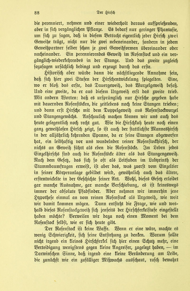 bie perenniert, nehmen unb einer tüieber^olt baraug auffpriefjenben, aber in fid) Oergänglichen ^ßflange. ©g bebarf nur geringer Sßfjantajte, um fich gn fagen, bafj in biefem betracht eigentlich jeber §irf<h fttvzi ©emeihe trägt, nicht nur bie §mei nebeneinanber, fonbern in jebem ©emeihdartner felber fchon je §mei ©emeihforrnen übereinanber ober nacf)einanber. ©in derennierenbeg ©emeih im SRofenftod unb ein Oer* gänglich=mieberfehrenbeg in ber Stange. Hub bag gtoeite zugleich fo§ufagen urfäd)Hc^ bebingt unb erzeugt bur<h bag erfte. §iftorifdj aber mürbe bann bie nächftliegenbe Annahme fein, bafc fid) $mei ©tufen ber ^irfdjentmidelung f^tegelten. ©ine, mo er blof; bag erfte, bag 2)auergemeih, bag SBurzelgemeil) befafe. Unb eine §meite, ba er aug biefem Urgemeil) erft bag ^meite trieb. Sftit anbern ^Borten: ba$ eg urfprünglid) nur £)irfd)e gegeben habe mit bauernben ^ofenftöden, bie zeitlebeng noch feine Stangen trieben; unb bann erft §irfche mit bem £)oddelgemeih aug ^ofenftodmurget unb ©tangengemäd)g. 2lnfchaulich machen fönnen mir ung auch frag heute gelegentlich noch gut. §frfd)fuh heute einen ganz gemeihlofen §irfd) §eigt, f° ift auch frer ftattlichfte 9Jknneghirfch in ber alljährlich fehrenben ©panne, ba er feine ©langen abgemorfen hat, ein leibhaftig Oor ung manbelnber reiner 3fofenftodhirfd), ber nichtg att ©emeih führt alg eben bie SRofenftöde. 3m ßeben jebeg ©ingelhirfchg finb aud) bie Sftofenftöde älter alg bag ©tangengemeih- Dfatch bem ©efe£, bag fich fo oft alg Seitfaben im Sabtyrinth ber ©tammbaumfragen ermeift, ift aber bag, mag guerft oom ©ingeltier in feiner Förderanlage gebilbet mirb, gemöhnlich auch bag ältere, erftentmidelte in ber ©efd)ichte feiner 2lrt. SBohh biefeg ©efe| erleibet gar manche 2lugnahme, gar manche $erfd)iebung, eg ift feinegmegg immer ber abfolute Sßfabfinber. 2lber nehmen mir immerhin jene §t)P°tf)efe einmal an Oom reinen SRofenftod alg UrgemeÜ), mie meit mir bamit fornmen mögen. £)ann entfteht bie grage, mie unb meg* halb biefeg SHofenftodgemeil) fich jenfeitg ber §irfchferfelftufe eingeftellt haben möchte? SBermeilen mir ba§u noch e^nen Moment bei bem SRofenftod felbft, mie er fich tyeute Ö^t. $)er fRofenftod ift feine Sßaffe. Sßenn er eine märe, machte eg menig ©chmierigfeit, fich fe*ne ©ntftehung gu benfen. Sßarurn foUte nicht irgenb ein fleineg ^irfchferfel fich Wx e^nen ®d)ll6 mehr, eine SBerteibigung menigfteng gegen fleine Angreifer, §ugelegt haben, — im ^arminfchen ©inne, baft irgenb eine fleine $eränberung am Seibe, bie gunächft mie ein zufälliger TOhmach^ augfchaut, rafch bemahrt