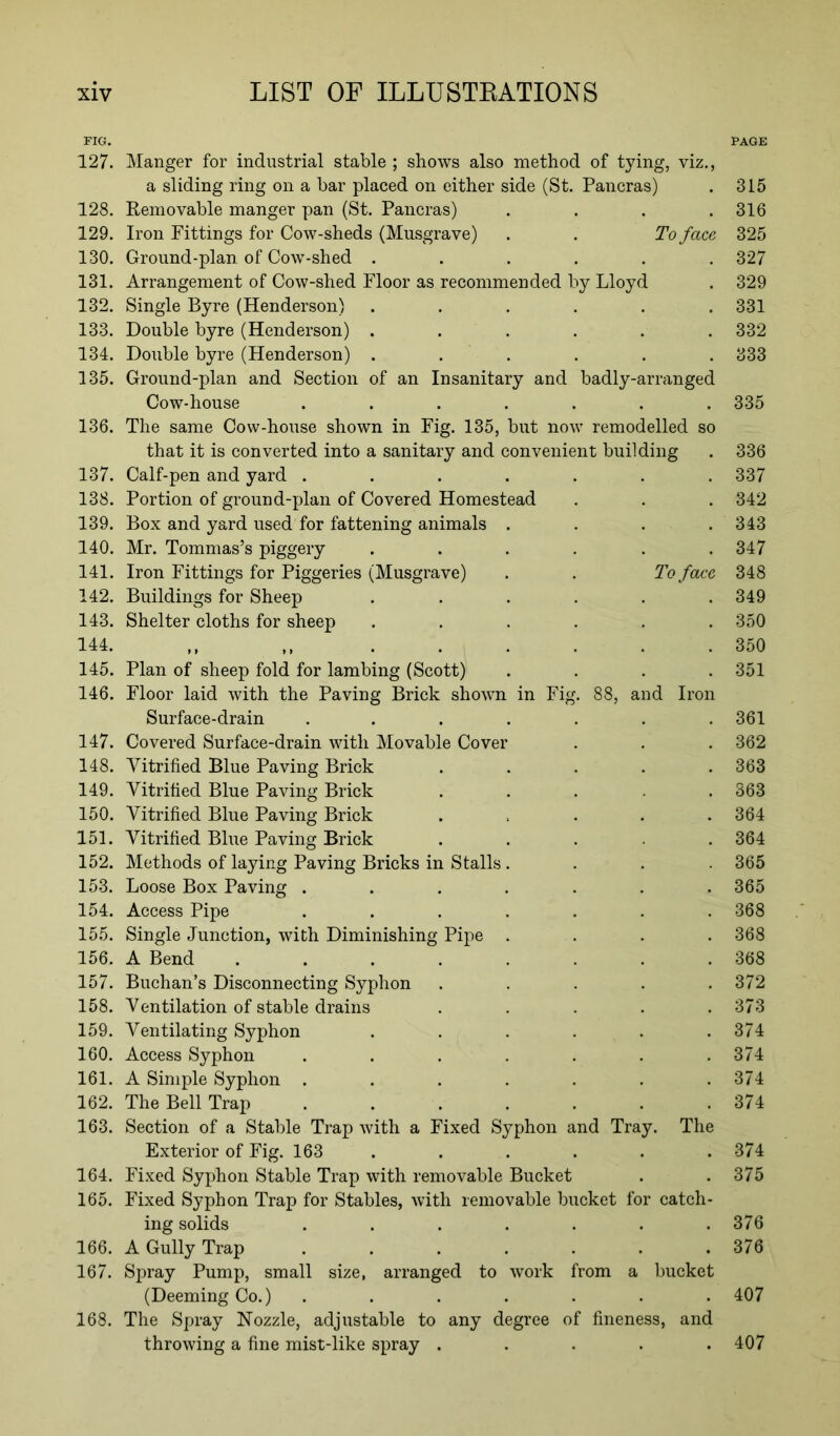 FIG. PAGE 127. Manger for industrial stable ; shows also method of tying, viz., a sliding ring on a bar placed on either side (St. Pancras) . 315 128. Removable manger pan (St. Pancras) .... 316 129. Iron Fittings for Cow-sheds (Musgrave) . . To face 325 130. Ground-plan of Cow-shed ...... 327 131. Arrangement of Cow-shed Floor as recommended by Lloyd . 329 132. Single Byre (Henderson) ...... 331 133. Double byre (Henderson) ...... 332 134. Double byre (Henderson) ...... 333 135. Ground-plan and Section of an Insanitary and badly-arranged Cow-house ....... 335 136. The same Cow-house shown in Fig. 135, but now remodelled so that it is converted into a sanitary and convenient building . 336 137. Calf-pen and yard ..... 337 138. Portion of ground-plan of Covered Homestead 342 139. Box and yard used for fattening animals . 343 140. Mr. Tommas’s piggery .... 347 141. Iron Fittings for Piggeries (Musgrave) To face 348 142. Buildings for Sheep .... 349 143. Shelter cloths for sheep .... 350 144. 9 9 9 9 • • • 350 145. Plan of sheep fold for lambing (Scott) 351 146. Floor laid with the Paving Brick shown in Fig. 88, and Iron Surface-drain ..... 361 147. Covered Surface-drain with Movable Cover 362 148. Vitrified Blue Paving Brick 363 149. Vitrified Blue Paving Brick 363 150. Vitrified Blue Paving Brick 364 151. Vitrified Blue Paving Brick 364 152. Methods of laying Paving Bricks in Stalls . 365 153. Loose Box Paving ..... 365 154. Access Pipe ..... 368 155. Single Junction, with Diminishing Pipe . 368 156. A Bend ...... 368 157. Buchan’s Disconnecting Syphon 372 158. Ventilation of stable drains 373 159. Ventilating Syphon .... 374 160. Access Syphon ..... 374 161. A Simple Syphon ..... 374 162. The Bell Trap ..... 374 163. Section of a Stable Trap with a Fixed Syphon and Tray. The Exterior of Fig. 163 374 164. Fixed Syphon Stable Trap with removable Bucket 375 165. Fixed Syphon Trap for Stables, with removable bucket for catch- ing solids ..... 376 166. A Gully Trap ..... 376 167. Spray Pump, small size, arranged to work from a bucket (Deeming Co.) ..... 407 168. The Spray Nozzle, adjustable to any degree of fineness, and throwing a fine mist-like spray . • 407