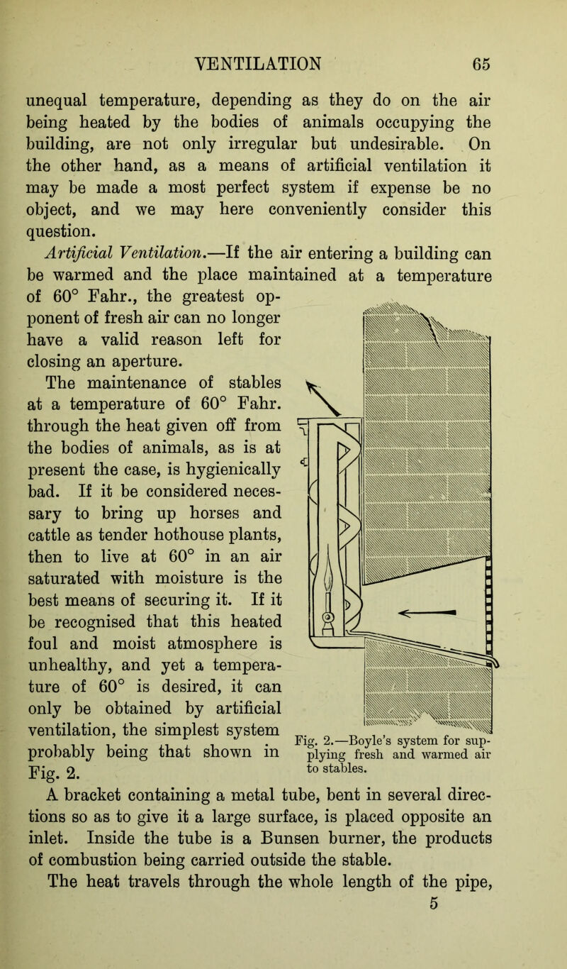 unequal temperature, depending as they do on the air being heated by the bodies of animals occupying the building, are not only irregular but undesirable. On the other hand, as a means of artificial ventilation it may be made a most perfect system if expense be no object, and we may here conveniently consider this question. Artificial Ventilation.—If the air entering a building can be warmed and the place maintained at a temperature of 60° Fahr., the greatest op- ponent of fresh air can no longer have a valid reason left for closing an aperture. The maintenance of stables at a temperature of 60° Fahr. through the heat given off from the bodies of animals, as is at present the case, is hygienically bad. If it be considered neces- sary to bring up horses and cattle as tender hothouse plants, then to live at 60° in an air saturated with moisture is the best means of securing it. If it be recognised that this heated foul and moist atmosphere is unhealthy, and yet a tempera- ture of 60° is desired, it can only be obtained by artificial ventilation, the simplest system probably being that shown in Fig. 2. A bracket containing a metal tube, bent in several direc- tions so as to give it a large surface, is placed opposite an inlet. Inside the tube is a Bunsen burner, the products of combustion being carried outside the stable. The heat travels through the whole length of the pipe, 1 \ 1 1^ ■ t fl! < All ,^I ( 1 / 1 i y ^ N y g ^ Fig. 2.—Boyle’s system for sup- plying fresh and warmed air to stables.