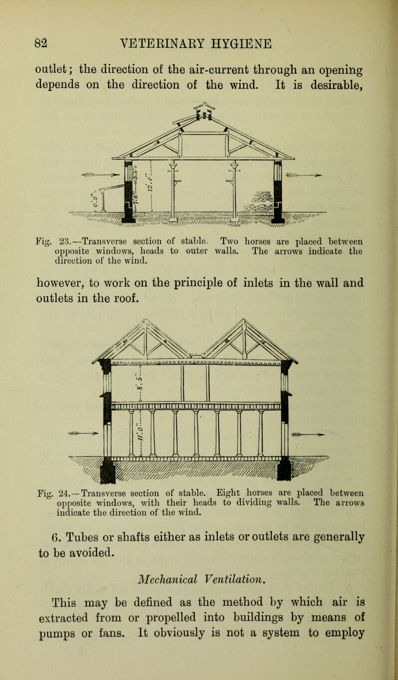 outlet; the direction of the air-current through an opening depends on the direction of the wind. It is desirable, Fig. 23.—Transverse section of stable. Two horses are placed between opposite windows, heads to outer walls. The arrows indicate the direction of the wind. however, to work on the principle of inlets in the wail and outlets in the roof. 6. Tubes or shafts either as inlets or outlets are generally to be avoided. Mechanical Ventilation. This may be defined as the method by which air is extracted from or propelled into buildings by means of pumps or fans. It obviously is not a system to employ