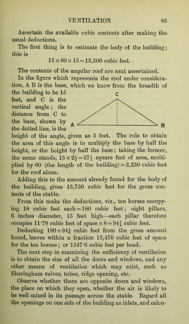 Ascertain the available cubic contents after making the usual deductions. The first thing is to estimate the body of the building; this is 15 x 60 x 15 = 18,500 cubic feet. The contents of the angular roof are next ascertained. In the figure which represents the roof under considera- tion, A B is the base, which we know from the breadth of the building to be 15 feet, and C is the vertical angle ; the distance from C to the base, shown by the dotted line, is the height of the angle, given as 5 feet. The rule to obtain the area of this angle is to multiply the base by half the height, or the height by half the base; taking the former, the sums stands, 15x2J = 37| square feet of area, multi- plied by 60 (the length of the building) = 2,250 cubic feet for the roof alone. Adding this to the amount already found for the body of the building, gives 15,750 cubic feet for the gross con- tents of the stable. From this make the deductions, viz., ten horses occupy- ing 18 cubic feet each = 180 cubic feet; eight pillars, 6 inches diameter, 15 feet high—each pillar therefore occupies 11*78 cubic feet of spacex8 = 94J cubic feet. Deducting 180 + 94J cubic feet from the gross amount found, leaves within a fraction 15,476 cubic feet of space for the ten horses; or 1547*6 cubic feet per head. The next step in examining the sufficiency of ventilation is to obtain the size of all the doors and windows, and any other means of ventilation which may exist, such as Sheringham valves, tubes, ridge opening, etc. Observe whether there are opposite doors and windows, the place on which they open, whether the air is likely to be well mixed in its passage across the stable. Eegard all the openings on one side of the building as inlets, and calcu-