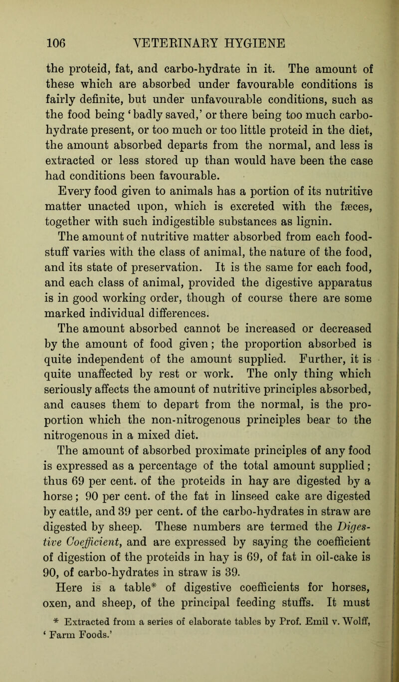 the proteid, fat, and carbo-hydrate in it. The amount of these which are absorbed under favourable conditions is fairly definite, but under unfavourable conditions, such as the food being ‘badly saved,’ or there being too much carbo- hydrate present, or too much or too little proteid in the diet, the amount absorbed departs from the normal, and less is extracted or less stored up than would have been the case had conditions been favourable. Every food given to animals has a portion of its nutritive matter unacted upon, which is excreted with the faeces, together with such indigestible substances as lignin. The amount of nutritive matter absorbed from each food- stuff varies with the class of animal, the nature of the food, and its state of preservation. It is the same for each food, and each class of animal, provided the digestive apparatus is in good working order, though of course there are some marked individual differences. The amount absorbed cannot be increased or decreased by the amount of food given; the proportion absorbed is quite independent of the amount supplied. Further, it is quite unaffected by rest or work. The only thing which seriously affects the amount of nutritive principles absorbed, and causes them to depart from the normal, is the pro- portion which the non-nitrogenous principles bear to the nitrogenous in a mixed diet. The amount of absorbed proximate principles of any food is expressed as a percentage of the total amount supplied; thus 69 per cent, of the proteids in hay are digested by a horse; 90 per cent, of the fat in linseed cake are digested by cattle, and 89 per cent, of the carbo-hydrates in straw are digested by sheep. These numbers are termed the Diges- tive Coefficient, and are expressed by saying the coefficient of digestion of the proteids in hay is 69, of fat in oil-cake is 90, of carbo-hydrates in straw is 39. Here is a table* of digestive coefficients for horses, oxen, and sheep, of the principal feeding stuffs. It must * Extracted from a series of elaborate tables by Prof. Emil v. Wolff, ‘ Farm Foods.’