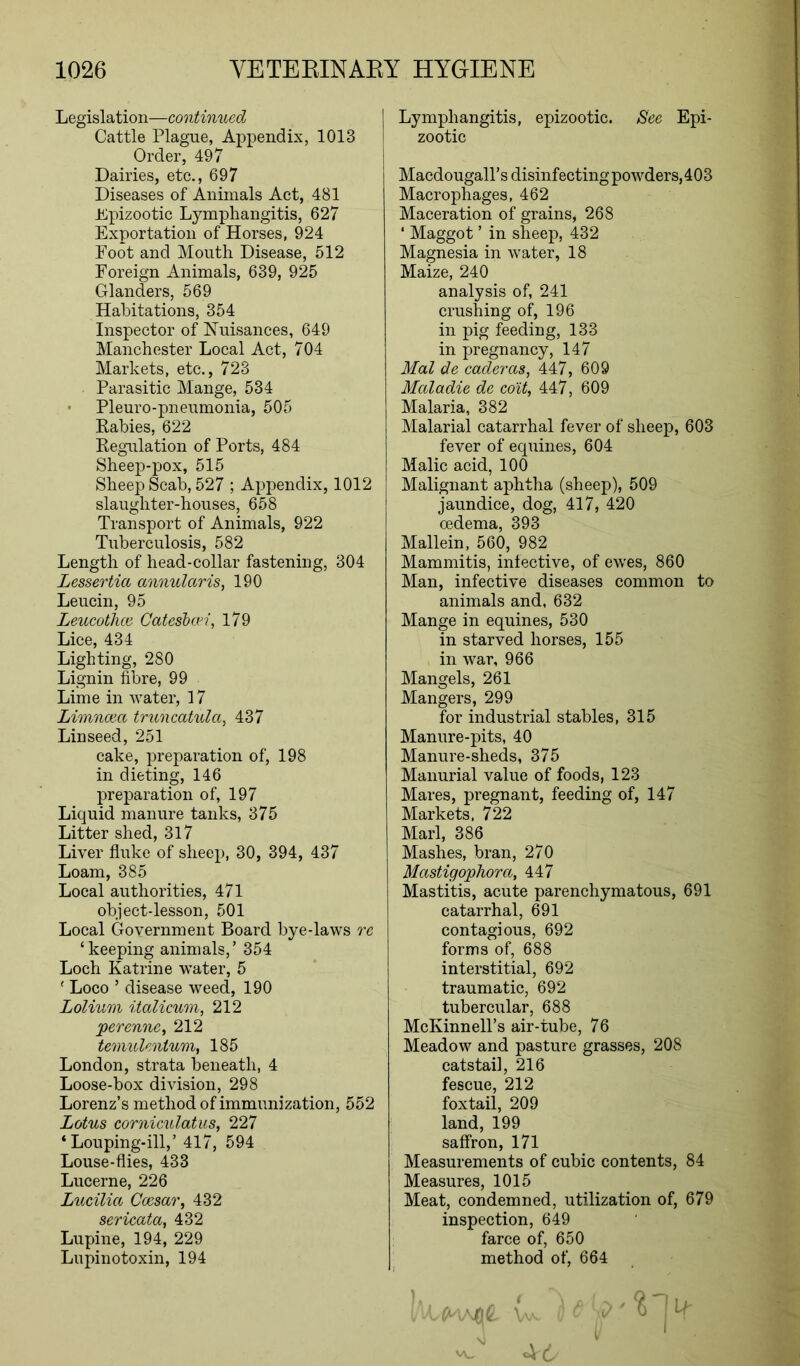 Legislation—continued Cattle Plague, Appendix, 1013 Order, 497 Dairies, etc., 697 Diseases of Animals Act, 481 Epizootic Lymphangitis, 627 Exportation of Horses, 924 Foot and Mouth Disease, 512 Foreign Animals, 639, 925 Glanders, 569 Habitations, 354 Inspector of Nuisances, 649 Manchester Local Act, 704 Markets, etc., 723 Parasitic Mange, 534 Pleuro-pneumonia, 505 Rabies, 622 Regulation of Ports, 484 Sheep-pox, 515 Sheep Scab, 527 ; Appendix, 1012 slaughter-houses, 658 Transport of Animals, 922 Tuberculosis, 582 Length of head-collar fastening, 304 Lessertici annularis, 190 Leucin, 95 Leucothce Catesbtvi, 179 Lice, 434 Lighting, 280 Lignin fibre, 99 Lime in water, 17 Limnce-a truncatula, 437 Linseed, 251 cake, preparation of, 198 in dieting, 146 preparation of, 197 Liquid manure tanks, 375 Litter shed, 317 Liver fluke of sheep, 30, 394, 437 Loam, 385 Local authorities, 471 object-lesson, 501 Local Government Board bye-laws re ‘keeping animals,’ 354 Loch Katrine water, 5 f Loco ’ disease weed, 190 Lolium italicum, 212 perenne, 212 temulenlum, 185 London, strata beneath, 4 Loose-box division, 298 Lorenz’s method of immunization, 552 Lotus corniculatus, 227 * Louping-ill,’ 417, 594 Louse-flies, 433 Lucerne, 226 Lucilia Caesar, 432 sericata, 432 Lupine, 194, 229 Lupin otoxin, 194 Lymphangitis, epizootic. See Epi- zootic Macdougall’s disinfecting powders, 403 Macrophages, 462 Maceration of grains, 268 ‘ Maggot ’ in sheep, 432 Magnesia in water, 18 Maize, 240 analysis of, 241 crushing of, 196 in pig feeding, 133 in pregnancy, 147 Mai de caderas, 447, 609 Maladie de colt, 447, 609 Malaria, 382 Malarial catarrhal fever of sheep, 603 fever of equines, 604 Malic acid, 100 Malignant aphtha (sheep), 509 jaundice, dog, 417, 420 oedema, 393 Mallein, 560, 982 Mammitis, infective, of ewes, 860 Man, infective diseases common to animals and, 632 Mange in equines, 530 in starved horses, 155 in war, 966 Mangels, 261 Mangers, 299 for industrial stables, 315 Manure-pits, 40 Manure-sheds, 375 Manurial value of foods, 123 Mares, pregnant, feeding of, 147 Markets, 722 Marl, 386 Mashes, bran, 270 Mastigophora, 447 Mastitis, acute parenchymatous, 691 catarrhal, 691 contagious, 692 forms of, 688 interstitial, 692 traumatic, 692 tubercular, 688 McKinnell’s air-tube, 76 Meadow and pasture grasses, 208 catstail, 216 fescue, 212 foxtail, 209 land, 199 saffron, 171 Measurements of cubic contents, 84 Measures, 1015 Meat, condemned, utilization of, 679 inspection, 649 farce of, 650 method of, 664