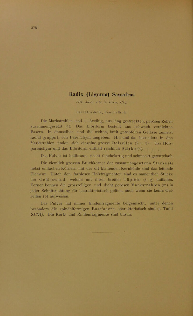Radix (Ligiiuiii) Sassafras (Ph. Austr. VII. 6^ Germ. III). Sassafrasholz, Ferichelholz. Die Markstrahlen sind 1—Sreihig, aus lang gestreckten, porösen Zellen zusammengesetzt (1). Das Libriform besteht aus schwach verdickten Fasern. In demselben sind die weiten, breit getüpfelten Gefässe zumeist radial gruppirt, von Parenchym umgeben. Hie und da, besonders in den Markstrahlen linden sich einzelne grosse Oelzellen (2 u. 3). Das Holz- parenchym und das Libriform enthält reichlich Stärke (4). Das Pulver ist hellbraun, riecht fenchelartig und schmeckt gewürzhaft. Die ziemlich grossen Bruchkörner der zusammengesetzten Stärke (4) nebst einfachen Körnern mit der oft klalfenden Kernhöhle sind das leitende Element. Unter den farblosen Holzfragmenten sind es namentlich Stücke der Gefässwand, welche mit ihren breiten Tüpfeln (3, g) auffallen. Ferner können die grosszeiligen und dicht porösen Markstrahlen (m) in jeder Schnittrichtung für charakteristisch gelten, auch wenn sie keine Oel- zellen (o) aufweisen. Das Pulver hat immer Rindenfragmente beigemischt, unter denen besonders die spindelförmigen Bastfasern charakteristisch sind (s. Tafel XCVI). Die Kork- und Rindenfragmente sind braun.