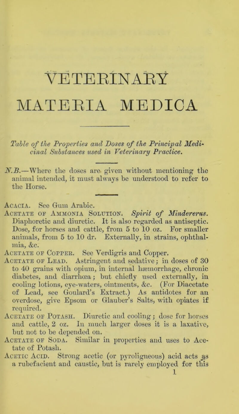 VETEEINAEY MATEEIA MEDICA Table of the Properties and Doses of the Principal Medi- cinal Substances used in Veterinary Practice. N.B.—Where the doses are given without mentioning the animal intended, it must always he understood to refer to the Horse. Acacia. See Gum Arabic. Acetate of Ammonia Solution. Spirit of Mindererus. Diaphoretic and diuretic. It is also regarded as antiseptic. Dose, for horses and cattle, from 5 to 10 oz. For smaller animals, from 5 to 10 dr. Externally, in strains, ophthal- mia, &c. Acetate of Copper. See Verdigris and Copper. Acetate of Lead. Astringent and sedative; in doses of 30 to 40 grains with opium, in internal haemorrhage, chronic diabetes, and diarrhoea; but chiefly used externally, in cooling lotions, eye-waters, ointments, &c. (For Diacetate of Lead, see Goulard’s Extract.) As antidotes for an overdose, give Epsom or Glauber’s Salts, with opiates if required. Acetate of Potash. Diuretic and cooling; dose for horses and cattle, 2 oz. In much larger doses it is a laxative, hut not to he depended on. Acetate of Soda. Similar in properties and uses to Ace- tate of Potash. Acetic Acid. Strong acetic (or pyroligneous) acid acts as a rubefacient and caustic, but is rarely employed for this