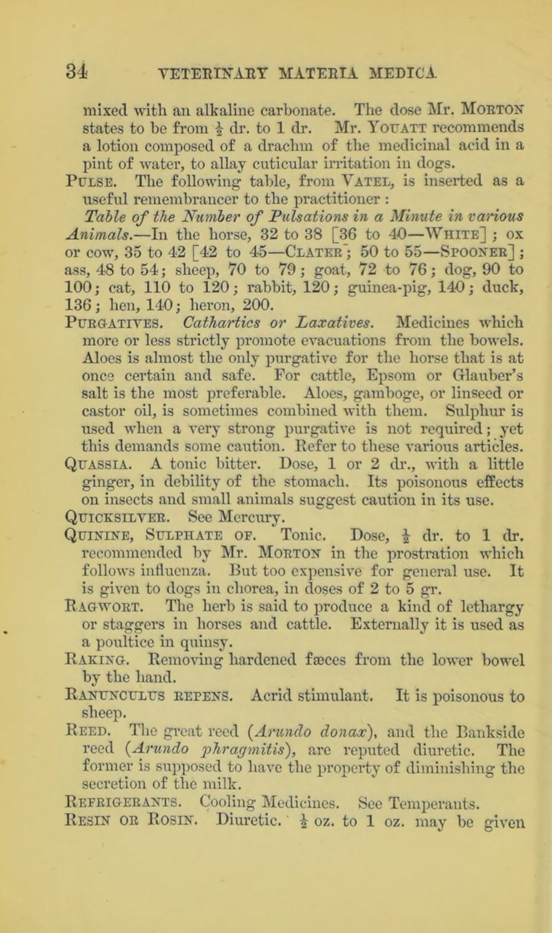 mixed with an alkaline carbonate. The dose Mr. Moeton states to be from \ dr. to 1 dr. Mr. Youatt recommends a lotion composed of a drachm of the medicinal acid in a pint of water, to allay cuticular irritation in dogs. Pulse. The following table, from Vatel, is inserted as a useful remembrancer to the practitioner : Table of the Number of Pulsations in a Minute in various Animals.—In the horse, 32 to 38 [36 to 40—White] ; ox or cow, 35 to 42 [42 to 45—Clater] 50 to 55—Spooner] ; ass, 48 to 54; sheep, 70 to 79; goat, 72 to 76; dog, 90 to 100; cat, 110 to 120; rabbit, 120; guinea-pig, 140; duck, 136; hen, 140; heron, 200. Purgatives. Cathartics or Laxatives. Medicines which more or less strictly promote evacuations from the bowels. Aloes is almost the only purgative for the horse that is at once certain and safe. For cattle, Epsom or Glauber’s salt is the most preferable. Aloes, gamboge, or linseed or castor oil, is sometimes combined with them. Sulphur is used when a very strong purgative is not required; yet this demands some caution. Refer to these various articles. Quassia. A tonic bitter. Dose, 1 or 2 dr., with a little ginger, in debility of the stomach. Its poisonous effects on insects and small animals suggest caution in its use. Quicksilver. See Mercury. Quinine, Sulphate of. Tonic. Dose, l dr. to 1 dr. recommended by Mr. Morton in the prostration which follows influenza. But too expensive for general use. It is given to dogs in chorea, in doses of 2 to 5 gr. Ragwort. The herb is said to produce a kind of lethargy or staggers in horses and cattle. Externally it is used as a poultice in quinsy. Raking. Removing hardened faeces from the lower bowel by the hand. Ranunculus repens. Acrid stimulant. It is poisonous to sheep. Reed. The great reed (Arundo donax), and the Bankside reed (Arundo phragmitis), arc reputed diuretic. The former is supposed to have the property of diminishing the secretion of the milk. Refrigerants. Cooling Medicines. See Temperants. Resin or Rosin. Diuretic. \ oz. to 1 oz. may be given