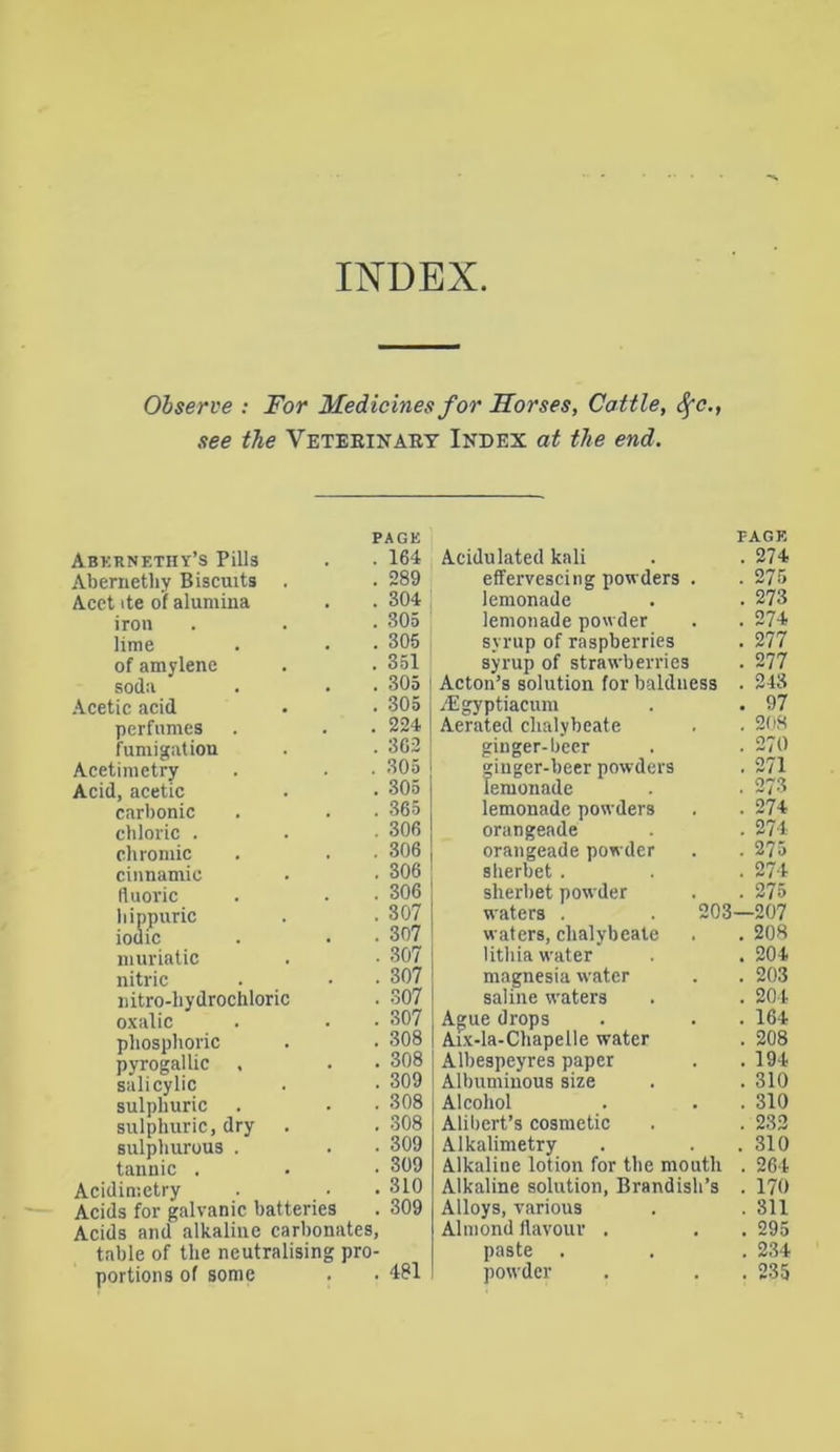 INDEX. Observe : For Medicines for Horses, Cottle, Sfc., see the Veterinary Index at the end. PAGE Abernethy’s Pills . • 164 Abernethy Biscuits . . 289 Acct ite of alumina . . 304 iron . . • 305 lime . . • 306 of amylene . . 351 soda . . . 305 Acetic acid . • 305 perfumes . . . 224 fumigation . . 362 Acetimetry . . • 305 Acid, acetic . • 305 carbonic . . . 365 chloric . . • 306 chromic . . • 306 cinnamic . • 306 fluoric . . • 306 hippuric . .307 iodic . . • 307 muriatic . • 307 nitric . • • 307 nitro-hydrochloric . 307 oxalic . . • 307 phosphoric . . 308 pyrogallic , . • 308 salicylic . • 309 sulphuric . . ■ 308 sulphuric, dry . . 308 sulphurous . . • 309 tannic . . • 309 Acidimetry . • • 310 Acids for galvanic batteries . 309 Acids and alkaline carbonates, table of the neutralising pro- portions of some . . 481 PAGE Acidulated kali . . 274 effervescing powders . . 275 lemonade . . 273 lemonade powder . . 274 syrup of raspberries . 277 syrup of strawberries . 277 Acton’s solution for baldness . 243 jEgyptiacum . . 97 Aerated chalybeate . . 208 ginger-beer . . 270 ginger-beer powders . 271 lemonade . . 273 lemonade powders . . 274 orangeade . . 274 orangeade powder . . 275 sherbet . . . 274 sherbet powder . . 275 wraters . . 203—207 waters, chalybeate . . 208 lithia water . . 204 magnesia water . . 203 saline waters . . 204 Ague drops . . . 164 Aix-la-Chapelle water . 208 Albespeyres paper . . 194 Albuminous size . . 310 Alcohol . . . 310 Alibert’s cosmetic . . 232 Alkalimetry . . .310 Alkaline lotion for the mouth . 264 Alkaline solution, Brandish’s . 170 Alloys, various . . 311 Almond flavour . . . 295 paste . . . 234 powder . . . 235