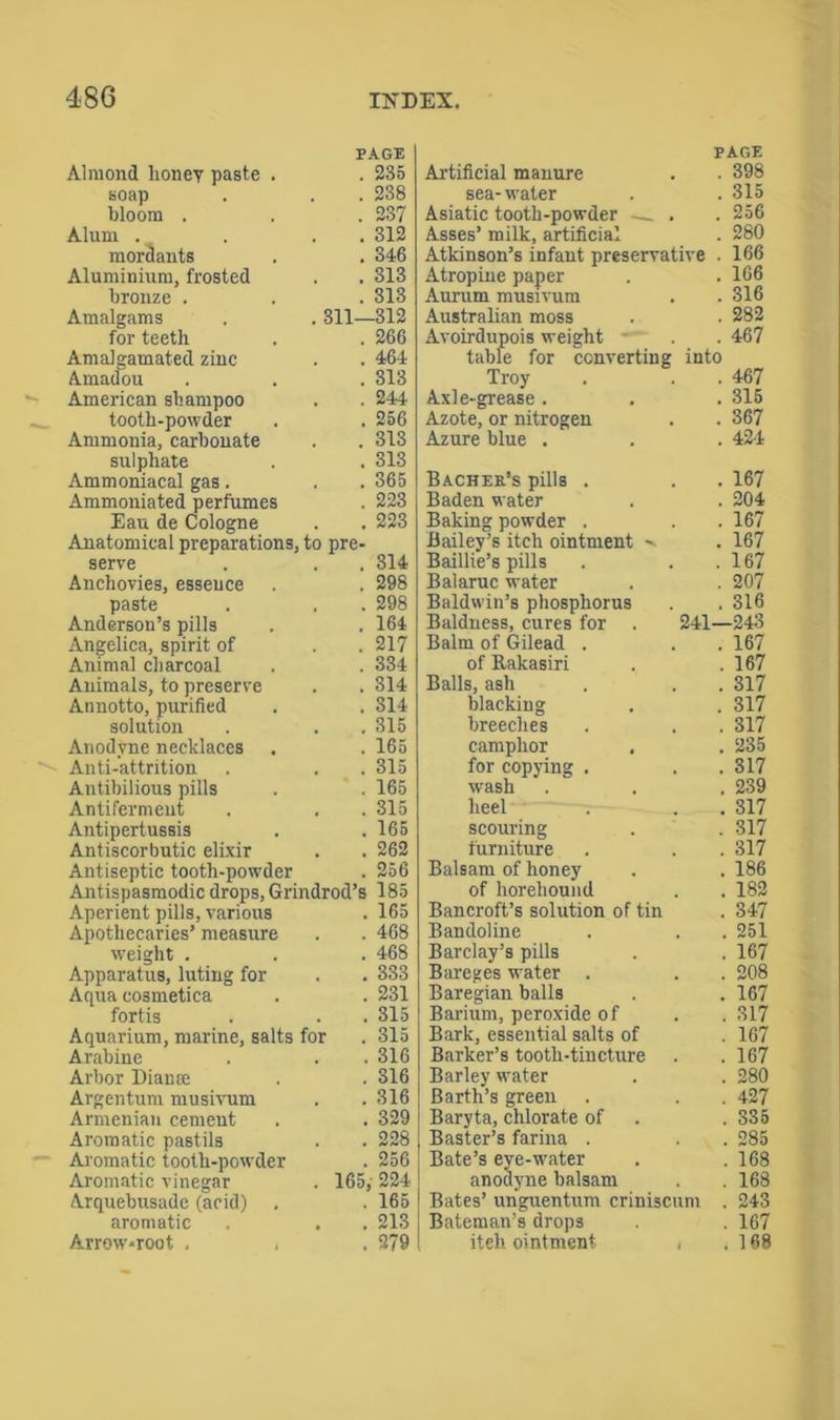 PAGE Almond honey paste . . 235 soap . . . 238 bloom . . .237 Alum . . . 312 mordants . . 346 Aluminium, frosted . . 313 bronze . . . 313 Amalgams . . 311—312 for teeth . . 266 Amalgamated zinc . . 464 Amadou . . . 313 American shampoo . . 244 tooth-powder . . 256 Ammonia, carbonate . . 313 sulphate . . 313 Ammoniacal gas. . . 365 Ammoniated perfumes . 223 Eau de Cologne . . 223 Anatomical preparations, to pre- serve . . . 314 Anchovies, essence . . 298 paste . . . 298 Anderson’s pills . . 164 Angelica, spirit of . .217 Animal charcoal . . 334 Animals, to preserve . . 314 Annotto, purified . . 314 solution . . . 315 Anodyne necklaces . . 165 Anti-attrition . . . 315 Antibilious pills . . 165 Antiferment . . . 315 Antipertussis . . 165 Antiscorbutic elixir . . 262 Antiseptic tooth-powder . 256 Antispasmodic drops, Grindrod’s 185 Aperient pills, various . 165 Apothecaries’ measure . . 468 weight . . . 468 Apparatus, luting for . . 333 Aqua cosmetica . . 231 fortis . . .315 Aquarium, marine, salts for . 315 Arabine . . . 316 Arbor Diante . . 316 Argentum musivum . . 316 Armenian cement . . 329 Aromatic pastils . . 228 Aromatic tooth-powder . 256 Aromatic vinegar . 165,- 224 Arquebusade (acid) . . 165 aromatic . . . 213 Arrow-root , . . 279 Artificial manure sea- water Asiatic tooth-powder - Asses’ milk, artificial Atkinson’s infant preservative Atropine paper Aurum musivum Australian moss Avoirdupois weight table for converting Troy Axle-grease . Azote, or nitrogen Azure blue . Bacher’s pills . Baden water Baking powder . Bailey’s itch ointment Baillie’s pills Balaruc water Baldwin’s phosphorus Baldness, cures for . Balm of Gilead . of Rakasiri Balls, ash blacking breeches camphor for copying . wash heel scouring furniture Balsam of honey of horehound Bancroft’s solution of tin Bandoline Barclay’s pills Bareges water . Baregian balls Barium, peroxide of Bark, essential salts of Barker’s tooth-tincture Barley water Barth’s green Baryta, chlorate of Baster’s farina . Bate’s eye-water anodyne balsam Bates’ unguentum criniscum Bateman’s drops iteh ointment ( PAGE . 398 . 315 . 256 . 280 . 166 . 166 . 316 . 282 . 467 into 241—! 467 315 367 424 167 204 167 167 167 207 316 243 167 . 167 . 317 317 . 317 . 235 . 317 . 239 . 317 . 317 . 317 . 186 . 182 . 347 . 251 . 167 . 208 . 167 . 317 . 167 . 167 . 280 . 427 . 335 . 285 . 168 . 168 . 243 . 167 . 168