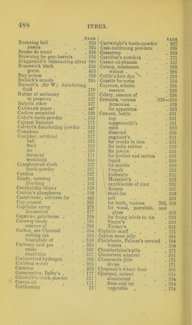Bronzing ball PAGE . 325 pastes . 325 Brosse de corail . 326 Browning for gun-barrels . . 326 Brugnatelli’s fulminating silver 360 Brunswick black . 326 green. . . 426 Bug poison . 326 Bullock’s semola . 285 disin fe M fluid . “ 170 Butter of antimony . . 327 to preserve . . . 327 Butyric ether . . 327 Cabbage paper. . . 447 Cacliou aromatisd . • . 229 Cadet’s tooth-powder . . 256 Caieput liniment . . 171 Calvert’s disinfecting powder . 342 Campliine . . 327 Camphor, artificial . . 327 ball . . .235 fluid . . . 193 ice . . 235 liniment . . .171 washballs . . 240 Camphorated chalk . . 257 tooth-powder . . 257 Candies . . . 327 Candy, caraway . . 191 live-long . . .191 Cantharidin blister . . 328 Canton’s phosphorus . . 328 Caoutchouc, solvents for . 441 Cap cement . . . 331 Capillaire syrup . . 276 limoniated . . . 277 Capsu’es, gelatinous . . 328 Caraway candy . . .191 essence of . . 296 Carbon, see Charcoal . . 334 writing ink . . 385 bisulphide of . .318 Carbonic acid gas . . 365 i oxide . . 366 dentifrice . . 257 Carburettcd hydrogen . . 366 Carlsbad water . . 205 Carmine . . . 422 Carminative, Dalby’s . . 177 Carabclli’s tooth-powder . 257 Carron oil . , . 171 Carthamiue 12 ding Cartwright’s tooth-powder Case-iiardemng powders Cassareep Castillon’s powders Castor-oil pomade Catsup, mushroom walnut . v Cattle’s hair dye x Caustic for corns Cayenne, soluble essence Celery, essence of Cements, various Armenian . for apparatus Cement, bottle . cap coppersmith’s curd diamond engineer’s for cracks in iron for india rubber . for jewels for leather and metals liquid for marble French hydraulic Maissiatt’s . oxychloride of zinc Roman shell-lac soft • . for teeth, various for wood, porcelain, glass for fixing labels to tin Singer’s Turner’s Cephalic snuff . . Ceylon moss jelly Chalybeate, Palmer’s aera waters . Chamberlaine’s pills Chameleon mineral . Chamomile pills drops . Chapman’s wheat flour Charcoal, animal aluminized . from coal tar vegetable . PAGE . 257 328 . 299 . 171 . 247 . 298 . 298 . 253 . 176 . 295 . 296 . 296 329—334 . 329 . 333 . 331 . 331 . 331 . 330 . 329 . 331 . 331 . 332 . 329 . 332 . 330 . 330 . 332 . 331 . 332 . 331 . 331 . 329 Qgo 266, 269 and . 330 . 332 . 330 . 331 . 171 ' 281 , 194 , 208 171 335 171 171 2S5 334 334 334 334 ited