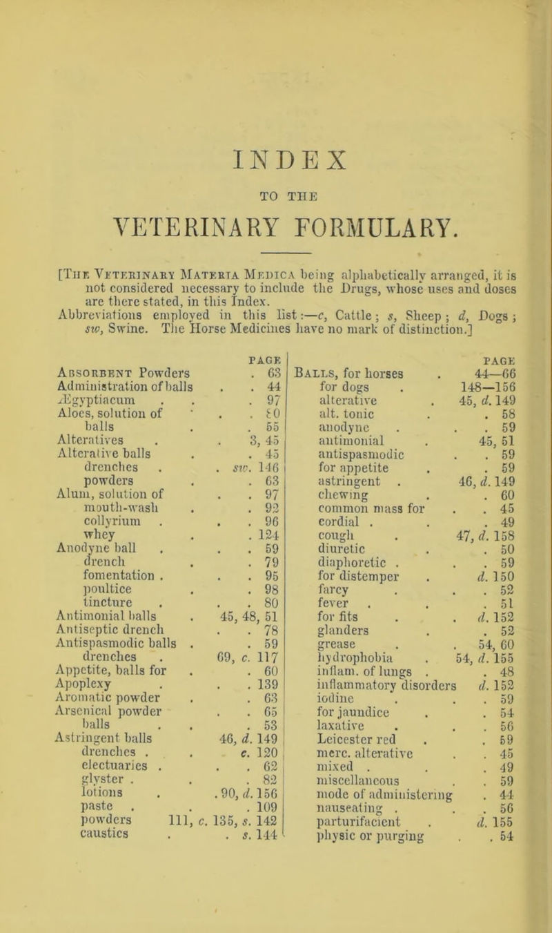 TO THE VETERINARY FORMULARY. [The Veterinary Matkbta Mf.dica being alphabetically arranged, it is not considered necessary to include the Drugs, whose uses and doses are there stated, in this Index. Abbreviations employed in this list:—c, Cattle; s, Sheep ; d, Dogs ; sw, Swine. The Horse Medicines have no mark of distinction.] Absorbent Powders PAGE . 63 Balls, for horses PAGE 44—66 Administration of balls 44 for dogs 148-156 Aigyptiacum 97 alterative 45, d. 149 Aloes, solution of to alt. tonic . 58 balls 65 anodyne . 59 Alteratives , 45 antimonial 45, 51 Alterative balls 45 antispasmodic . 59 drenches . SIC. 146 for appetite . 59 powders 63 astringent 46, d. 149 Alum, solution of 97 chewing . 60 mouth-wash , 92 common mass for . 45 collyrium 96 cordial . . 49 whey 124 cough 47, d. 158 Anodyne ball , , 59 diuretic . 50 drench 79 diaphoretic . . 59 fomentation . , , 95 for distemper d. 150 poultice , 98 farcy . 52 tincture , , 80 fever . 51 Antimonial balls 45, 48 , 51 for fits d. 152 Antiseptic drench 78 glanders . 52 Antispasmodic balls . 59 grease 54, 60 drenches G9, c. 117 hydrophobia 54, d. 155 Appetite, balls for 60 inflam, of lungs . . 48 Apoplexy 139 inflammatory disorders d. 152 Aromatic powder 63 iodine . 59 Arsenical powder , , 65 for jaundice . 54 balls 53 laxative . 56 Astringent balls 46, d. 149 Leicester red . 69 drenches . c. 120 mere, alterative . 45 electuaries . 62 mixed . . 49 glyster . 82 miscellaneous . 59 lotions .90, d. 156 mode of administering . 44 paste 109 nauseating . . 56 powders 111, c. 135, s. 142 parturifacient d. 155 caustics . s. 114 physic or purging . 54