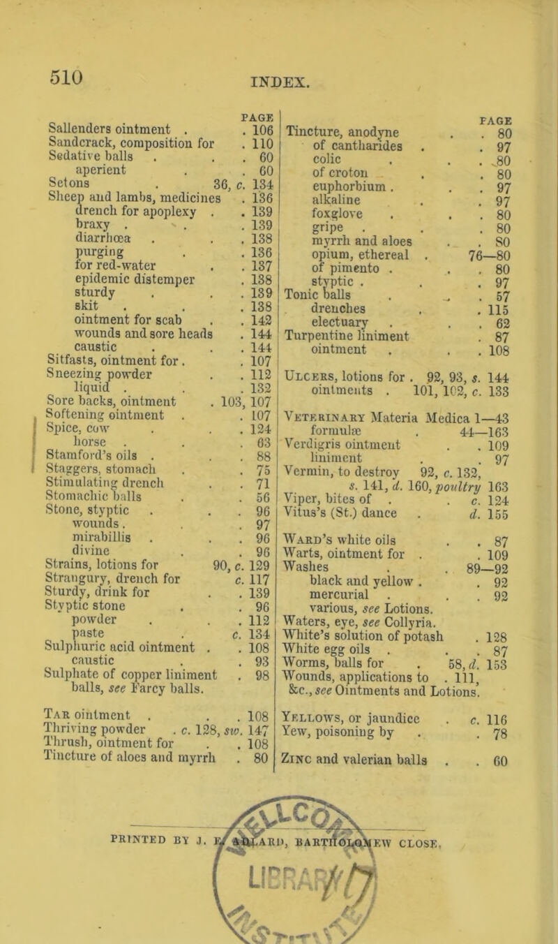 Sallenders ointment . PAGE . 106 Sandcrack, composition for . 110 Sedative balls . 60 aperient . 60 Setons . 36, c. 134 Sheep and lambs, medicines . 136 drench for apoplexy . . 139 braxy . ' . . 139 diarrhoea . 138 purging . 136 for red-water . 137 epidemic distemper . 138 sturdy . 139 skit . 138 ointment for scab . 142 wounds and sore heads . 144 caustic . 144 Sitfasts, ointment for. . 107 Sneezing powder . 112 liquid . . 132 Sore backs, ointment . 103, 107 Softening ointment . . 107 Spice, cow . 124 horse . 63 Stamford’s oils . . 88 Staggers, stomach . 75 Stimulating drench • 71 Stomachic balls . 56 Stone, styptic . 96 wounds. . 97 mirabillis . 96 divine . 96 Strains, lotions for 90, c. 129 Strangury, drench for Sturdy, drink for c. 117 . 139 Styptic stone . 96 powder . 112 paste c. 134 Sulphuric acid ointment . . 108 caustic . 93 Sulphate of copper liniment . 98 balls, see Farcy balls. Tincture, anodyne of cantharides colic of croton euphorbium . alkaline foxglove gripe . myrrh and aloes opium, ethereal . of pimento . styptic . Tonic balls drenches electuary Turpentine liniment ointment FAGE . 80 . 97 . .80 . 80 . 97 . 97 . 80 . 80 . SO 76—80 . 80 . 97 . 57 . 115 . 62 . 87 . 108 Ulcers, lotions for . 92, 93, s. 144 ointments . 101, 102, c. 133 Veterinary Materia Medica 1—43 formulae . 44—163 Verdigris ointment . . 109 liniment . . 97 Vermin, to destroy 92, c. 132, s. 141, d. 160, poultry 163 Viper, bites of . . c. 124 Vitus’s (St.) dance . d. 155 Ward’s white oils Warts, ointment for . Washes black and yellow . mercurial . various, see Lotions. Waters, eye, see Collyria. White’s solution of potash White egg oils Worms, balls for . 58, d. Wounds, applications to . Ill, &c., see Ointments and Lotions’. . 87 . 109 89—92 . 92 . 92 128 87 153 Tar ointment . . . 108 Thriving powder . c. 128, sw. 147 Thrush, ointment for . . 108 Tincture of aloes and myrrh . 80 Yellows, or jaundice Yew, poisoning by Zinc and valerian balls c. 116 . 78 . 60 F.W CLOSE,