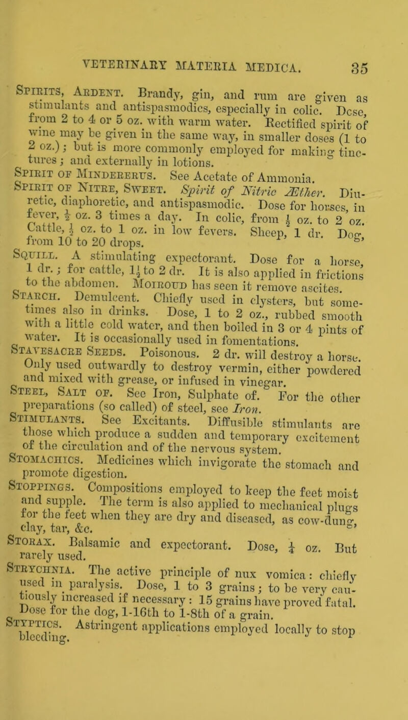 Spirits, Ardent. Brandy, gin, and rum are given as stimulants and antispasmodics, especially in colic. Dcse, from 2 to 4 or 5 oz. with warm water. Rectified spirit of wine may be given in the same way, in smaller doses (1 to f oz-'; bllt 1S more commonly employed for making tinc- tures j ana externally in lotions. Spirit of Mindererus. See Acetate of Ammonia Spirit of Nitre, Sweet. Spirit of Nitric SEtlier. Diu- retic, diaphoretic, and antispasmodic. Dose for houses in fever, i oz. 3 times a day. In colic, from 1 oz. to 2 oz. Cattle, l oz. to 1 oz. in low fevers. Sheep, 1 dr. Do» from 10 to 20 drops. 1 a’ Squire. A stimulating expectorant. Dose for a horse dr.; for cattle, 1^ to 2 dr. It is also applied in frictions to the abdomen. Moiroed has seen it remove ascites Starch. Demulcent. Chiefly used in clysters, but some- times also m drinks. Dose, 1 to 2 oz., rubbed smooth with a little cold water, and then boiled in 3 or 4 pints of water. It is occasionally used in fomentations. Stavesacre Seeds. Poisonous. 2 dr. will destroy a horse. Only used outwardly to destroy vermin, either powdered and mixed with grease, or infused in vinegar. Steel, Salt of. See Iron, Sulphate of. For the other preparations (so called) of steel, see Iron. Stimulants. See Excitants. Diffusible stimulants are those which produce a sudden and temporary excitement of the circulation and of the nervous system. Stomachics. Medicines which invigorate the stomach and promote digestion. Stoppings. Compositions employed to keep the feet moist and supple. 4 he term is also applied to mechanical plugs for the feet when they are dry and diseased, as cow-fluim clay, tar, &c. =” Stohax. Balsamic and expectorant. Dose, 4 oz But rarely used. Strychnia. The active principle of nux vomica: chieflv used in paralysis. Dose, 1 to 3 grains; to be very cau- tiously increased if necessary : 15 grains have proved fatal. Dose for the dog, l-16th to l-8th of a grain. bThlccdln'o- Astrin“ent applications employed locally to stop