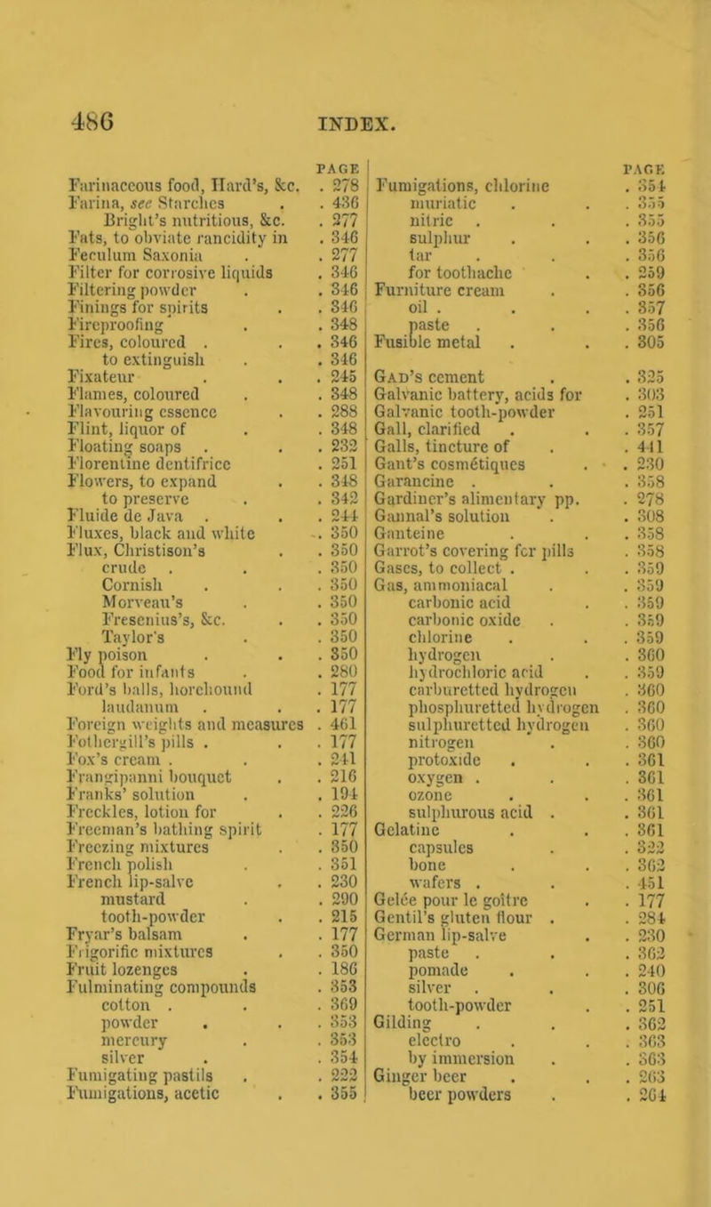 Farinaceous food, Hard’s, See. Farina, see Starches Bright’s nutritious, &c. Fats, to obviate rancidity in Feeulum Saxonia Filter for corrosive liquids Filtering powder linings for spirits Fireproofing * Fires, coloured . to extinguish Fixateur Flames, coloured Flavouring essence Flint, liquor of Floating soaps Florentine dentifrice Flowers, to expand to preserve Fluide de Java . Fluxes, black and white Flux, Christison’s crude Cornish Morveau’s Fresenius’s, &c. Taylor's Fly poison Food for infants Ford’s balls, horchound laudanum Foreign weights and measures Fotliergill’s pills . Fox’s cream . Frangipanni bouquet Franks’ solution Freckles, lotion for Freeman’s bathing spirit Freezing mixtures French polish French lip-salve mustard tooth-powder Frvar’s balsam Fngorific mixtures Fruit lozenges Fulminating compounds cotton . powder mercury silver Fumigating pastils Fumigations, acetic Fumigations, chlorine PAGE . 354 muriatic . 355 nitric . 355 sulphur . 356 tar . 356 for toothache . 259 Furniture cream . 356 oil . . 357 paste . 356 Fusible metal . 305 Gad’s cement . 325 Galvanic battery, acids for . 303 Galvanic tooth-powder . 251 Gall, clarified . 357 Galls, tincture of . 441 Gant’s cosmdtiques . • . 230 Garancine . . 358 Gardiner’s alimentary pp. . 278 Gannal’s solution ' . . 308 Ganteine . 358 Garrot’s covering for pills . 358 Gases, to collect . . 359 Gas, ammoniacal . 859 carbonic acid . 359 carbonic oxide . 359 chlorine . 359 hydrogen . 360 hydrochloric acid . 359 carburetted hydrogen . 360 phosphuretted hydrogen . 360 sulphuretted hydrogen . 360 nitrogen  . . 360 protoxide . 361 oxygen . . 361 ozone . 361 sulphurous acid . . 361 Gelatine . 361 capsules . 322 bone . 362 wafers . . 451 Gelee pour lc goitre • 177 Gentil’s gluten flour . . 284 German lip-salve . 230 paste . 362 pomade . 240 silver . 306 tooth-powder . 251 Gilding . 362 electro . 363 by immersion . 363 Ginger beer . 263 beer powders . 2G4 PAGE . 278 . 43 G . 377 . 346 . 277 . 346 . 346 . 346 . 348 . 346 . 346 . 245 . 348 . 288 . 348 . 232 . 251 . 348 . 342 . 244 . 350 . 350 . 350 . 350 . 350 . 350 . 350 . 350 . 280 . 177 . 177 . 461 . 177 . 241 . 216 . 194 . 226 . 177 . 350 . 351 . 230 . 290 . 215 . 177 . 350 . 186 . 353 ■ ?99 . 353 . 353 . 354 . 222 . 355