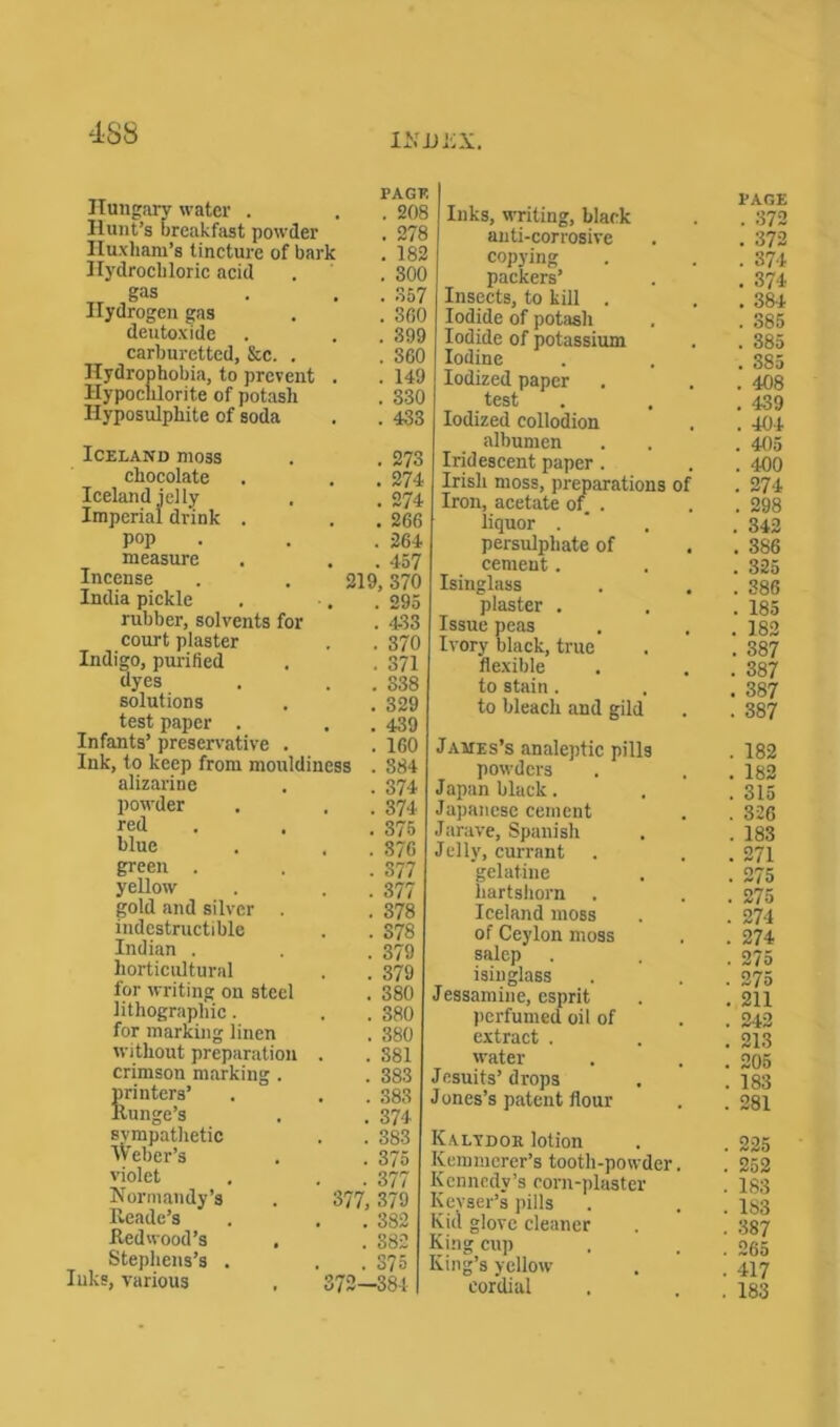 INHKX. TT PAGE Hungary water . . . 208 Hunt’s breakfast powder . 278 Iluxham’s tincture of bark . 182 Hydrocbloric acid . . 800 Tr gas . . . 357 Hydrogen gas . . 360 deutoxide . . . 399 carburetted, &c. . . 360 Hydrophobia, to prevent . . 149 Hypochlorite of potash . 330 Hyposulphite of soda . . 433 Iceland moss . . 273 chocolate . . . 274 Iceland jelly . . 274 Imperial drink . . . 266 pop . . . 264 measure . . . 457 Incense . . 219,370 India pickle , -. 295 rubber, solvents for . 433 court plaster . . 370 Indigo, purified . . 371 dyes . . 338 solutions . , 329 test paper . , . 439 Infants’ preservative . . 160 Iuki alizarine . 374 powder . 374 red . 375 blue . . 876 green . . 377 yellow . 377 gold and silver . . 378 indestructible . 378 Indian . . 379 horticultural . 379 for writing on steel . 380 lithographic. . 380 for marking linen . 380 without preparation . 381 crimson marking . . 383 printers’ . 383 linage's . 374 sympathetic . 383 Weber’s . 375 violet . 377 Normandy’s 377, 379 Reade’s . 382 Redwood’s . 382 Stephens’s . . 375 , various 372-384 Inks, writing, black anti-corrosive copying packers’ Insects, to kill . Iodide of potash Iodide of potassium Iodine Iodized paper test Iodized collodion albumen Iridescent paper . Irish moss, preparations of Iron, acetate of . liquor . persulphate of cement. Isinglass plaster . Issue peas Ivory black, true flexible to stain . to bleach and gild James’s analeptic pills powders Japan black. Japanese cement Jarave, Spanish Jelly, currant gelatine hartshorn . Iceland moss of Ceylon moss salep isinglass Jessamine, esprit perfumed oil of extract . water Jesuits’ drops Jones’s patent flour Kalydor lotion Kemmcrer’s tooth-powder. Kennedy’s corn-plaster Kevser’s pills Kid glove cleaner King cup King’s yellow cordial PAGE . 372 . 372 . 374 . 374 . 384 . 385 . 385 . 3S5 . 408 . 439 . 404 . 405 . 400 . 274 . 298 . 342 . 386 . 325 . 386 . 185 . 182 . 387 . 387 . 387 . 387 . 182 . 182 . 315 . 326 . 183 . 271 . 275 . 275 . 274 . 274 . 275 . 275 . 211 . 242 . 213 . 205 . 183 . 281 . 225 . 252 . 183 . 183 . 387 . 265 . 417 . 183