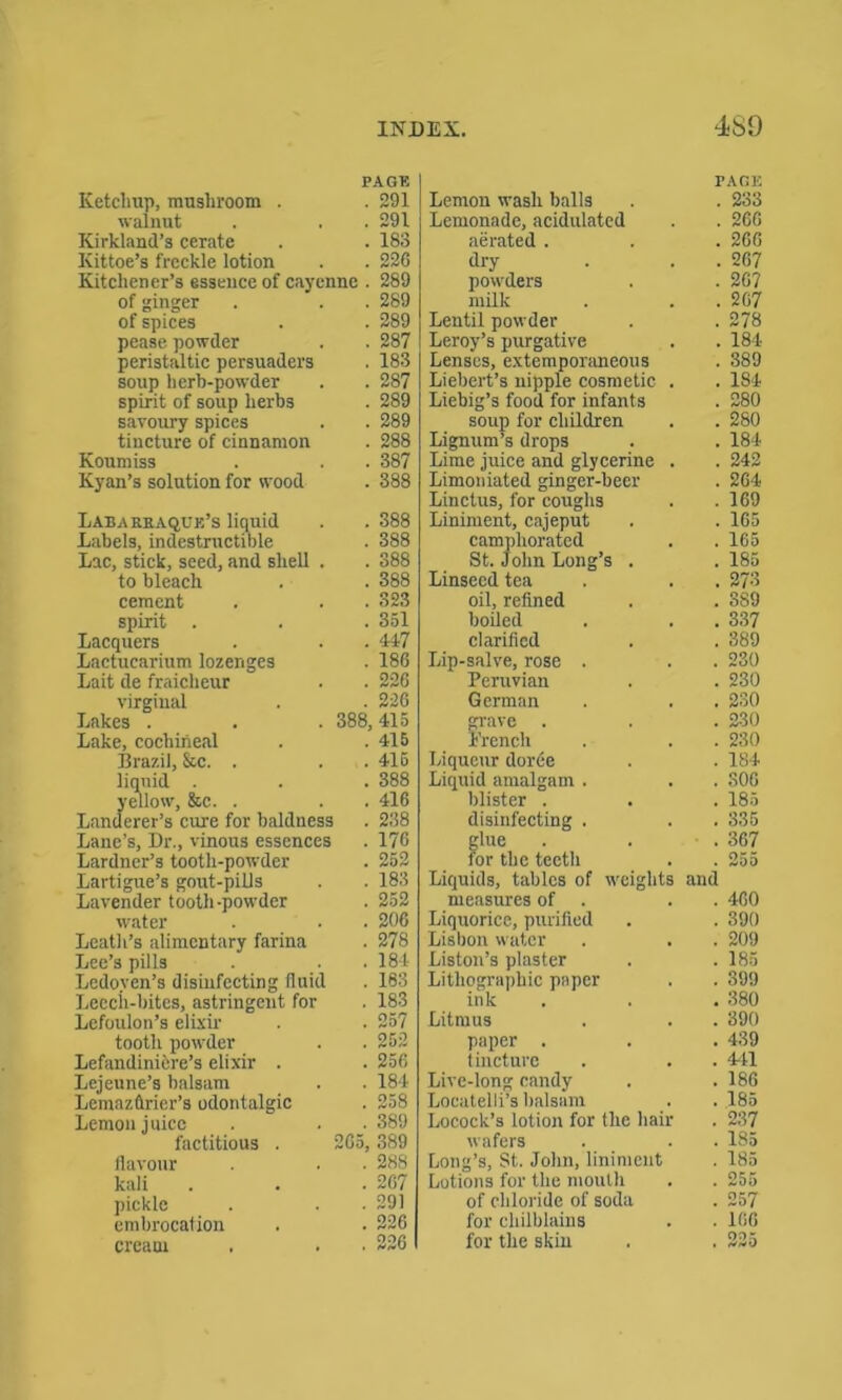 PAGE Ketchup, mushroom . . 291 walnut . , .291 Kirkland’s cerate . . 183 Kittoe’s freckle lotion . . 22G Kitchener’s essence of cayenne . 289 of ginger . . . 289 of spices . . 289 pease powder . . 287 peristaltic persuaders . 183 soup herb-powder . . 287 spirit of soup herbs . 289 savoury spices . . 289 tincture of cinnamon . 288 Koumiss . . . 387 Kyan’s solution for wood . 388 Laearraque’s liquid . . 388 Labels, indestructible . 388 Lac, stick, seed, and shell . . 388 to bleach . . 388 cement . . . 323 spirit . . . 351 Lacquers . . . 417 Lactucarium lozenges . 186 Lait de fraicheur . . 226 virginal . . 226 Lakes . . . 388,415 Lake, cochineal . .415 Brazil, See. . . .415 liquid . . . 388 yellow, &c. . . . 416 Landerer’s cure for baldness . 238 Lane’s, Dr., vinous essences . 176 Lardner’s tooth-powder . 252 Lartigue’s gout-pills . . 183 Lavender tooth-powder . 252 water . . . 206 Leath’s alimentary farina . 278 Lee’s pills . .184 Ledoven’s disinfecting fluid . 183 Leech-bites, astringent for . 183 Lefoulon’s elixir- . . 257 tooth powder . . 252 Lefandiniere’s elixir . . 256 Lejeune’s balsam . . 184 Lemazdrier’s odontalgic . 258 Lemon juice . . . 389 factitious . 265, 389 flavour . . . 288 kali . . . 267 pickle . . . 291 embrocation . . 226 cream . . • 226 Lemon wash balls FACE . 233 Lemonade, acidulated . 266 aerated . . 266 dry . 267 powders . 267 milk . 267 Lentil powder . 278 Leroy’s purgative . 184 Lenses, extemporaneous Liebert’s nipple cosmetic . . 389 . 184 Liebig’s food for infants . 280 soup for children . 280 Lignum’s drops . 184 Lime juice and glycerine . . 242 Limoniated ginger-beer . 264 Linctus, for coughs . 169 Liniment, cajeput . 165 camphorated . 165 St. John Long’s . . 185 Linseed tea . 273 oil, refined . 889 boiled . 337 clarified . 389 Lip-salve, rose . . 230 Peruvian . 230 German . 230 grave . . 230 French . 230 Liqueur dorce . 184 Liquid amalgam . . 306 blister . . 185 disinfecting . . 335 glue . 367 for the teeth . 255 Liquids, tables of weights and measures of . . 460 Liquorice, purified . 390 Lisbon water . 209 Liston’s plaster . 185 Lithographic paper . 399 ink . 380 Litmus . 390 paper . . 439 tincture . 411 Live-long candy . 186 Locatelli’s balsam . 185 Locock’s lotion for the hair . 237 wafers . 185 Long’s, St. John, liniment . 185 Lotions for the mouth . 255 of chloride of soda . 257 for chilblains . 166 for the skin . 225