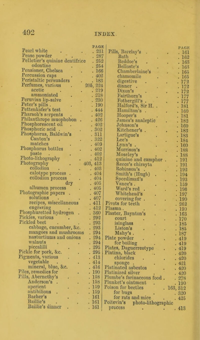 PAGE Pearl white . . . 231 Pease powder . . 287 Pelletier’s quinine dentifrice . 262 odontine . . 264 Pensioner, Chelsea . . 166 Percussion caps . . 402 Peristaltic persuaders . . 183 Perfumes, various . 205, 224 acetic . . . 219 ammoniated . . 218 Peruvian lip-salve . . 230 Peter’s pills . . . 190 Pettenkofer’s test . . 444 Pharaoh’s serpents . . 402 Philanthrope muophobon . . 426 Phosphorescent oil . . 402 Phosphoric acid . . . 302 Phosphorus, Baldwin’s . 311 Canton’s . . . 322 matches . . 403 Phosphorus bottles . . 402 paste . . .402 Photo-lithography . . 412 Photography . 403,413 collodion . . . 403 calotype process . . 404 collodion process . . 404 dry . 405 albumen process . . 405 Photographic papers . . 407 solutions . . . 407 recipes, miscellaneous . 411 engraving . . 412 Phosphuretted hydrogen . . 360 Pickles, various ” . . 292 Pickled beet . . 293 cabbage, cucumber, &c. . 293 mangoes and mushrooms . 294 nasturtiums and onions . 294 walnuts . . . 294 piccalilli . . 295 Pickle for pork, &c. . . 295 Pigments, various . . 413 vegetable . . . 414 mineral, blue, &c. . 416 Piles, remedies for . . 190 Pills, Abernethy’s . . 158 Anderson’s . . . 158 aperient . . 159 antibilious . . .159 Bacher’s . . 161 Baillie’s . . . 161 Baillie’s dinner . . 161 PAGE Pills, Barclay’s . . . 161 Bath . . .162 Beddoe’s . . . 163 Belloste’s . . 163 Chamberlaine’s . . 165 chamomile . . 165 digestive . . .172 dinner . . . 172 Dixon’s . . . 172 Fairthorn’s . . 177 Fothergill’s . . . 177 Halford’s, Sir II. . .181 Hamilton’s . . .160 Hooper’s . .181 James’s analeptic . . 182 Johnson’s . . 160 Kitchener’s . . . 183 Lartigue’s . . 183 Lee’s . . 184 Lynn’s . . .160 Morrison’s . . 188 Moseley’s . . 188 quinine'and camphor . . 191 Keece’s chirayta . 191 Bobinson’s . . . 192 Smith’s (Hugh) . . 194 Speedimad’s . . 193 Vance’s. . .159 Ward’s red . . .196 Whitehead’s . . 197 covering for . . . 190 Pivots for teeth . . 262 Plasma. . . . 190 Plaster, Baynton’s . . 163 court . . . 170 isinglass . . 185 Liston’s . . . 185 Mahy’s . . . 187 Plate powder . . . 419 for boiling . . 4I9 Plates, Daguerreotype . . 419 Platina, black . . 420 chlorides . . . 420 sponge . . . 421 Platinated asbestos . . 420 Platinized silver . . 420 Plumbe’s farinaceous food . . 278 Plunket’s ointment . . 190 Poison for beetles . 163, 312 for bugs . . 320 for rats and mice . . 425 Poitevin’s photo-lithographic process . . . 413