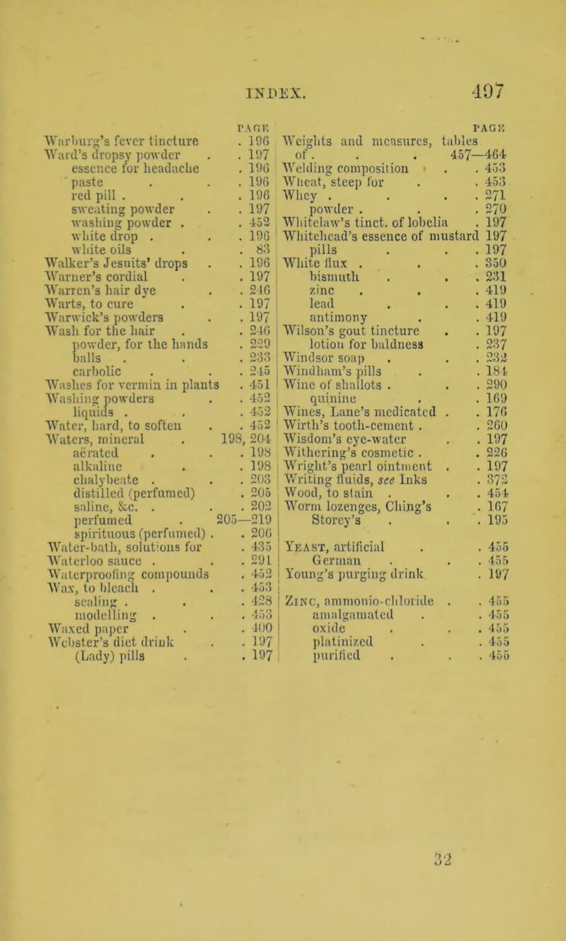 PAGE Warburg’s fever tincture . 19G Ward’s dropsy powder . .197 essence for headache . 196 ' paste . . . 196 red pill . . . 196 sweating powder . . 197 washing powder . . 152 white drop . . .196 white oils . . 83 Walker’s Jesuits’ drops . . 196 Warner’s cordial . . 197 Warren’s hair dye . . 216 Warts, to cure  . . 197 Warwick’s powders . . 197 Wash for the hair . . 216 powder, for the hands . 229 balls . . . 233 carbolic . . . 215 Washes for vermin in plants . 451 Washing powders . . 452 liquids . . . 452 Water, hard, to soften . . 452 Waters, mineral . 198, 204 aerated . . . 198 alkaline . .198 chalybeate . . . 203 distilled (perfumed) . 205 saline, &c. . . . 202 perfumed . 205—219 spirituous (perfumed) . . 200 Water-bath, solutions for . 435 Waterloo sauce . . .291 Waterproofing compounds . 452 Wax, to bleach . . . 453 sealing . . . 428 modelling . . . 453 Waxed paper . . 400 Webster’s diet drink . . 197 (Lady) pills . . 197 Weights and measures, PAGE tables of. 457—464 Welding composilion . 453 Wheat, steep for . 453 Whey . . . 271 powder . . 270 Wbitelaw’s tinct. of lobelia . 197 Whitehead’s essence of n ustard 197 pills . 197 White flux . . 350 bismuth . 231 zinc . 419 lead . 419 antimony . 419 Wilson’s gout tincture . 197 lotion for baldness . 237 Windsor soap Windham’s pills . 232 . 181 Wine of shallots . . 290 quinine . 169 Wines, Lane’s medicated . 170 Wirth’s tooth-cement. . 2G0 Wisdom’s eye-water Withering’s cosmetic . . 197 . 226 Wright’s pearl ointment . 197 Writing fluids, see Inks . 372 Wood, to stain . . . 454 Worm lozenges, Ching’s . 167 Storey’s . 195 Yeast, artificial . 455 German . . 455 Young’s purging drink . 197 Zinc, ammonio-chloride . 455 amalgamated . 455 oxide . 455 platinized . 455 purified . 455