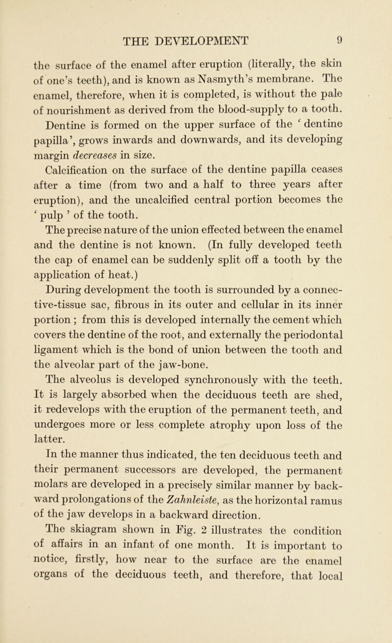 the surface of the enamel after eruption (literally, the skin of one’s teeth), and is known as Nasmyth’s membrane. The enamel, therefore, when it is completed, is without the pale of nourishment as derived from the blood-supply to a tooth. Dentine is formed on the upper surface of the ‘ dentine papilla’, grows inwards and downwards, and its developing margin decreases in size. Calcification on the surface of the dentine papilla ceases after a time (from two and a half to three years after eruption), and the uncalcified central portion becomes the ‘ pulp ’ of the tooth. The precise nature of the union effected between the enamel and the dentine is not known. (In fully developed teeth the cap of enamel can be suddenly split off a tooth by the application of heat.) During development the tooth is surrounded by a connec- tive-tissue sac, fibrous in its outer and cellular in its inner portion ; from this is developed internally the cement which covers the dentine of the root, and externally the periodontal ligament which is the bond of union between the tooth and the alveolar part of the jaw-bone. The alveolus is developed synchronously with the teeth. It is largely absorbed when the deciduous teeth are shed, it redevelops with the eruption of the permanent teeth, and undergoes more or less complete atrophy upon loss of the latter. In the manner thus indicated, the ten deciduous teeth and their permanent successors are developed, the permanent molars are developed in a precisely similar manner by back- ward prolongations of the Zahnleiste, as the horizontal ramus of the jaw develops in a backward direction. The skiagram shown in Fig. 2 illustrates the condition of affairs in an infant of one month. It is important to notice, firstly, how near to the surface are the enamel organs of the deciduous teeth, and therefore, that local