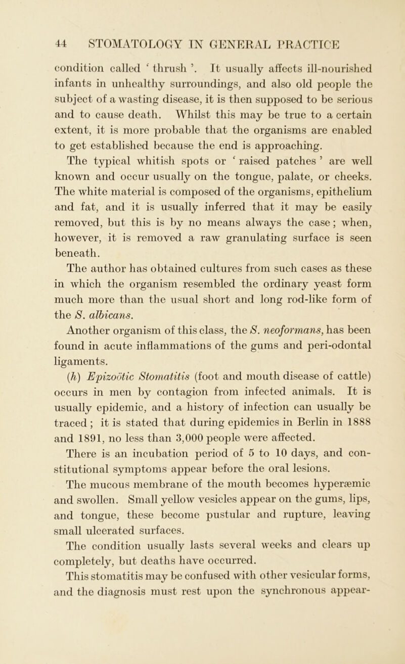 condition called ‘ thrush It usually affects ill-nourished infants in unhealthy surroundings, and also old people the subject of a wasting disease, it is then supposed to be serious and to cause death. Whilst this may be true to a certain extent, it is more probable that the organisms are enabled to get established because the end is approaching. The typical whitish spots or ‘ raised patches 5 are well known and occur usually on the tongue, palate, or cheeks. The white material is composed of the organisms, epithelium and fat, and it is usually inferred that it may be easily removed, but this is by no means always the case; when, however, it is removed a raw granulating surface is seen beneath. The author has obtained cultures from such cases as these in which the organism resembled the ordinary yeast form much more than the usual short and long rod-like form of the S. albicans. Another organism of this class, the S. neoformans, has been found in acute inflammations of the gums and peri-odontal ligaments. (h) Epizootic Sto7natitis (foot and mouth disease of cattle) occurs in men by contagion from infected animals. It is usually epidemic, and a history of infection can usually be traced ; it is stated that during epidemics in Berlin in 1888 and 1891, no less than 3,000 people were affected. There is an incubation period of 5 to 10 days, and con- stitutional symptoms appear before the oral lesions. The mucous membrane of the mouth becomes hyperaemic and swollen. Small yellow vesicles appear on the gums, lips, and tongue, these become pustular and rupture, leaving small ulcerated surfaces. The condition usually lasts several weeks and clears up completely, but deaths have occurred. This stomatitis may be confused with other vesicular forms, and the diagnosis must rest upon the synchronous appear-
