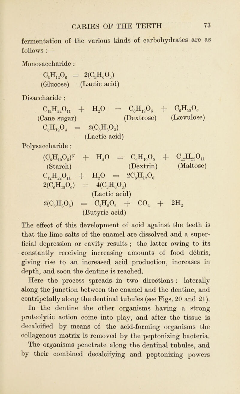 fermentation of the various kinds of carbohydrates are as follows :— Monosaccharide : ^6^12^6 — = 2(C3H603) (Glucose) (Lactic acid) Disaccharide : ^12^22^11 + H20 = c6h12o6 + CcH1206 (Cane sugar) (Dextrose) (Laevulose) CcH12Od = = 2(C3Hc03) (Lactic acid) Polysaccharide : (C6H10O5)n + H20 = C6H]0O5 + ^12-^-22^11 (Starch) (Dextrin) (Maltose) ^12^22^11 + H20 = 2CcH1A • 2(C6H]206) = 4(C3H603) (Lactic acid) 2(C3H603) = c4h8o2 + co2 + 2H2 (Butyric acid) The effect of this development of acid against the teeth is that the lime salts of the enamel are dissolved and a super- ficial depression or cavity results ; the latter owing to its constantly receiving increasing amounts of food debris, giving rise to an increased acid production, increases in depth, and soon the dentine is reached. Here the process spreads in two directions : laterally along the junction between the enamel and the dentine, and centripetally along the dentinal tubules (see Figs. 20 and 21). In the dentine the other organisms having a strong proteolytic action come into play, and after the tissue is decalcified by means of the acid-forming organisms the collagenous matrix is removed by the peptonizing bacteria. The organisms penetrate along the dentinal tubules, and by their combined decalcifying and peptonizing powers