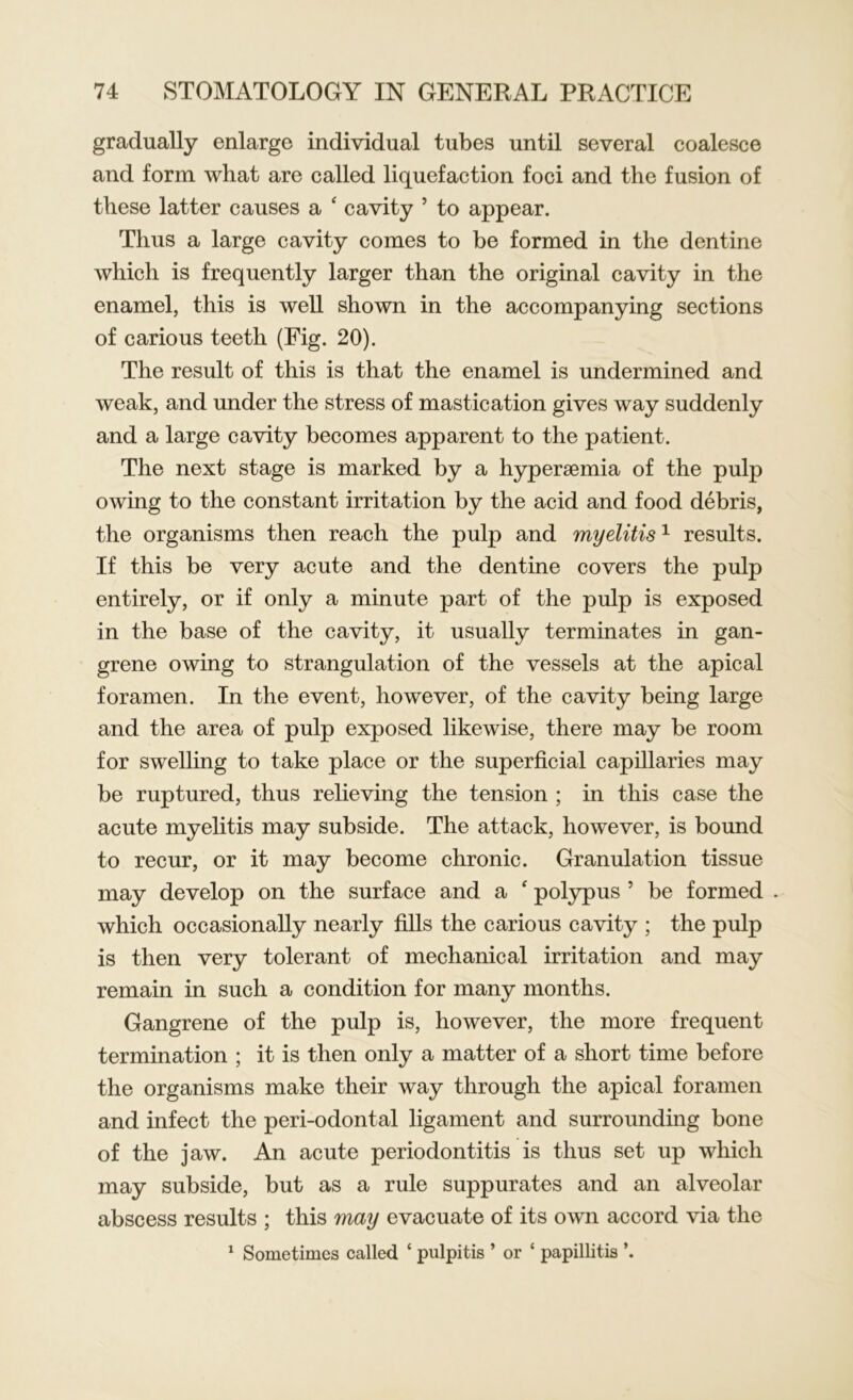 gradually enlarge individual tubes until several coalesce and form what are called liquefaction foci and the fusion of these latter causes a ‘ cavity 5 to appear. Thus a large cavity comes to be formed in the dentine which is frequently larger than the original cavity in the enamel, this is well shown in the accompanying sections of carious teeth (Fig. 20). The result of this is that the enamel is undermined and weak, and under the stress of mastication gives way suddenly and a large cavity becomes apparent to the patient. The next stage is marked by a hypersemia of the pulp owing to the constant irritation by the acid and food debris, the organisms then reach the pulp and myelitis1 results. If this be very acute and the dentine covers the pulp entirely, or if only a minute part of the pulp is exposed in the base of the cavity, it usually terminates in gan- grene owing to strangulation of the vessels at the apical foramen. In the event, however, of the cavity being large and the area of pulp exposed likewise, there may be room for swelling to take place or the superficial capillaries may be ruptured, thus relieving the tension ; in this case the acute myelitis may subside. The attack, however, is bound to recur, or it may become chronic. Granulation tissue may develop on the surface and a ‘ polypus 5 be formed . which occasionally nearly fills the carious cavity ; the pulp is then very tolerant of mechanical irritation and may remain in such a condition for many months. Gangrene of the pulp is, however, the more frequent termination ; it is then only a matter of a short time before the organisms make their way through the apical foramen and infect the peri-odontal ligament and surrounding bone of the jaw. An acute periodontitis is thus set up which may subside, but as a rule suppurates and an alveolar abscess results ; this may evacuate of its own accord via the 1 Sometimes called * pulpitis ’ or ‘ papillitis ’.