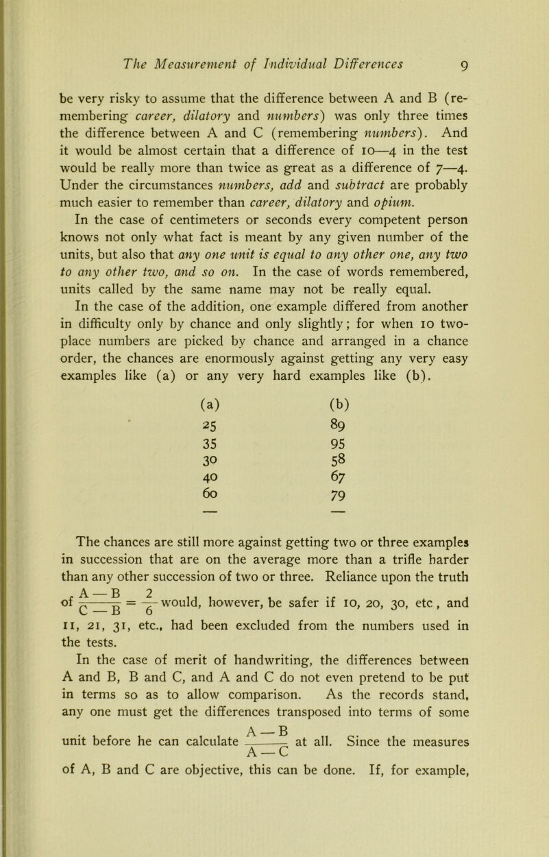 be very risky to assume that the difference between A and B (re- membering career, dilatory and numbers) was only three times the difference between A and C (remembering numbers). And it would be almost certain that a difference of io—4 in the test would be really more than twice as great as a difference of 7—4. Under the circumstances numbers, add and subtract are probably much easier to remember than career, dilatory and opium. In the case of centimeters or seconds every competent person knows not only what fact is meant by any given number of the units, but also that any one unit is equal to any other one, any two to any other two, and so on. In the case of words remembered, units called by the same name may not be really equal. In the case of the addition, one example differed from another in difficulty only by chance and only slightly; for when 10 two- place numbers are picked by chance and arranged in a chance order, the chances are enormously against getting any very easy examples like (a) or any very hard examples like (b). (a) (b) 25 89 35 95 30 58 40 67 60 79 The chances are still more against getting two or three examples in succession that are on the average more than a trifle harder than any other succession of two or three. Reliance upon the truth A b 2 of —= — would, however, be safer if 10, 20, 30, etc, and 11, 21, 31, etc., had been excluded from the numbers used in the tests. In the case of merit of handwriting, the differences between A and B, B and C, and A and C do not even pretend to be put in terms so as to allow comparison. As the records stand, any one must get the differences transposed into terms of some A B unit before he can calculate at all. Since the measures A —C of A, B and C are objective, this can be done. If, for example,