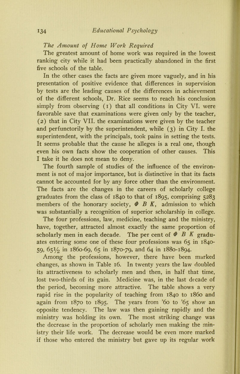 The Amount of Home Work Required The greatest amount of home work was required in the lowest ranking city while it had been practically abandoned in the first five schools of the table. In the other cases the facts are given more vaguely, and in his presentation of positive evidence that differences in supervision by tests are the leading causes of the differences in achievement of the different schools, Dr. Rice seems to reach his conclusion simply from observing (i) that all conditions in City VI. were favorable save that examinations were given only by the teacher, (2) that in City VII. the examinations were given by the teacher and perfunctorily by the superintendent, while (3) in City I. the superintendent, with the principals, took pains in setting the tests. It seems probable that the cause he alleges is a real one, though even his own facts show the cooperation of other causes. This I take it he does not mean to deny. The fourth sample of studies of the influence of the environ- ment is not of major importance, but is distinctive in that its facts cannot be accounted for by any force other than the environment. The facts are the changes in the careers of scholarly college graduates from the class of 1840 to that of 1895, comprising 5283 members of the honorary society, QBE, admission to which was substantially a recognition of superior scholarship in college. The four professions, law, medicine, teaching and the ministry, have, together, attracted almost exactly the same proportion of scholarly men in each decade. The per cent of 0 B K gradu- ates entering some one of these four professions was 65 in 1840- 59, 651^ in 1860-69, 65 in 1870-79, and 64 in 1880-1894. Among the professions, however, there have been marked changes, as shown in Table 16. In twenty years the law doubled its attractiveness to scholarly men and then, in half that time, lost two-thirds of its gain. Medicine was, in the last decade of the period, becoming more attractive. The table shows a very rapid rise in the popularity of teaching from 1840 to i860 and again from 1870 to 1895. The years from ’60 to ’65 show an opposite tendency. The law was then gaining rapidly and the ministry was holding its own. The most striking change was the decrease in the proportion of scholarly men making the min- istry their life work. The decrease would be even more marked if those who entered the ministry but gave up its regular work