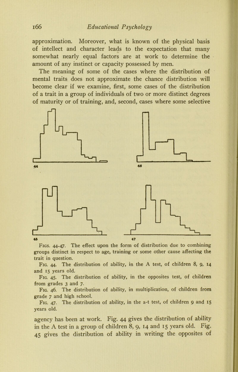 approximation. Moreover, what is known of the physical basis of intellect and character leads to the expectation that many somewhat nearly equal factors are at work to determine the amount of any instinct or capacity possessed by men. The meaning of some of the cases where the distribution of mental traits does not approximate the chance distribution will become clear if we examine, first, some cases of the distribution of a trait in a group of individuals of two or more distinct degrees of maturity or of training, and, second, cases where some selective groups distinct in respect to age, training or some other cause affecting the trait in question. Fig. 44. The distribution of ability, in the A test, of children 8, 9, 14 and 15 years old. Fig. 45. The distribution of ability, in the opposites test, of children from grades 3 and 7. Fig. 46. The distribution of ability, in multiplication, of children from grade 7 and high school. Fig. 47. The distribution of ability, in the a-t test, of children 9 and 15 years old. agency has been at work. Fig. 44 gives the distribution of ability in the A test in a group of children 8, 9, 14 and 15 years old. Fig. 45 gives the distribution of ability in writing the opposites of