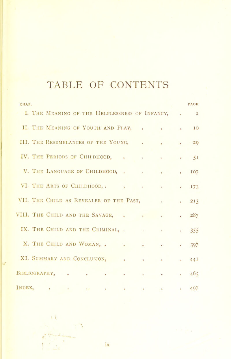 TABLE OF CONTENTS CHAP. PACE I. The Meaning of the Helplessness of Infancy, , i II. The Meaning of Youth and Play, . . .10 III. The Resemblances of the Young, . . .29 IV. The Periods of Childhood, , , . ,51 V. The Language of Childhood, . , , ,107 VI. The Arts of Childhood, . , . . .173 VII. The Child as Revealer of the Past, . . 213 VIII. The Child and the Savage, , . . .287 IX. The Child and the Criminal, .... 355 X. The Child and Woman, . . . . - 397 XI. Su.MMARY and CONCLUSION, .... 44I PilBI.IOGRAPHY, ....... 465 Index, 497 \ i J-