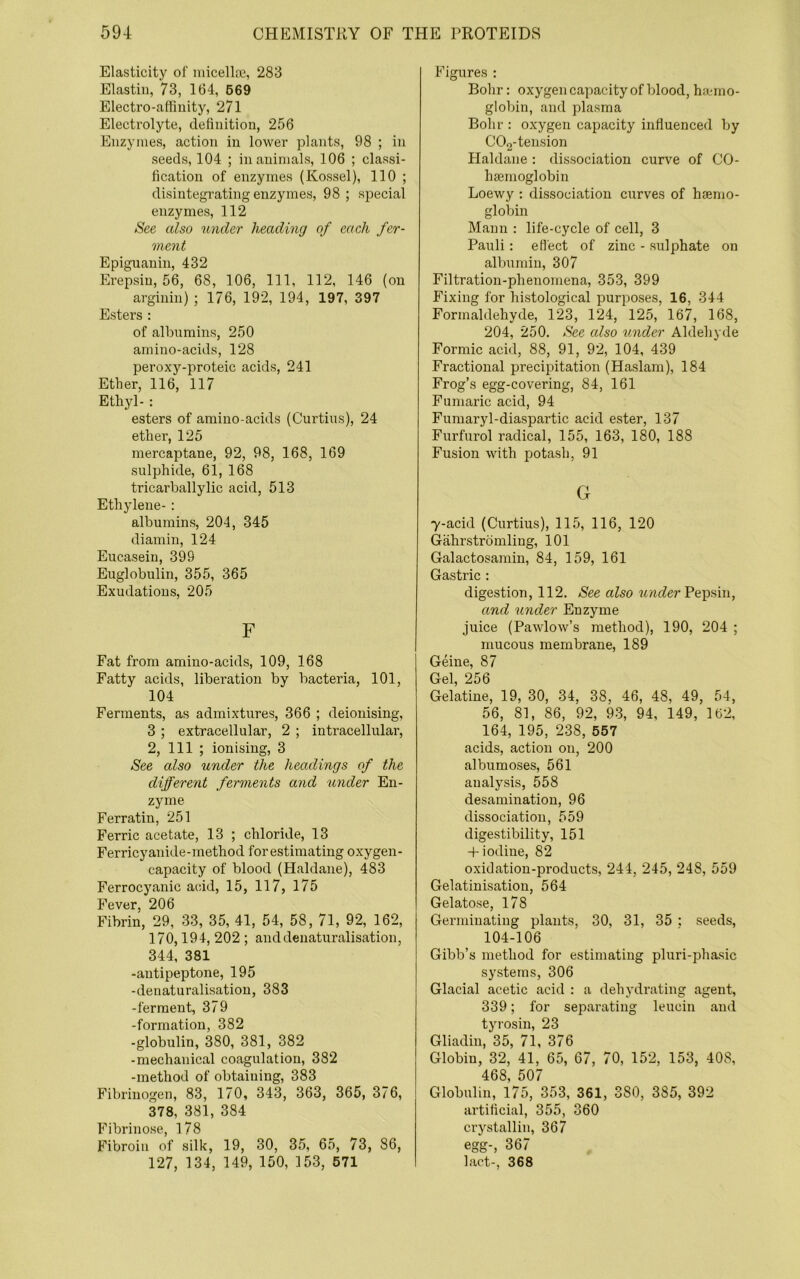 Elasticity of niicellte, 283 Elastiii, 73, 164, 669 Electro-affinity, 271 Electrolyte, definition, 256 Enzymes, action in lower plants, 98 ; in seeds, 104 ; in animals, 106 ; classi- fication of enzymes (Kossel), 110 ; disintegrating enzymes, 98 ; special enzymes, 112 See also under heading of each fer- ment Epiguauin, 432 Erepsin, 56, 68, 106, 111, 112, 146 (on arginin) ; 176, 192, 194, 197, 397 Esters : of albumins, 250 amino-acids, 128 peroxy-proteic acids, 241 Ether, 116, 117 Ethyl- : esters of amino-acids (Curtins), 24 ether, 125 mercaptane, 92, 98, 168, 169 sulphide, 61, 168 tricarballylic acid, 513 Ethylene- : albumins, 204, 345 diamin, 124 Eucaseiu, 399 Euglobulin, 355, 365 Exudations, 205 F Fat from amino-acids, 109, 168 Fatty acids, liberation by bacteria, 101, 104 Ferments, as admixtures, 366 ; deionising, 3 ; extracellular, 2 ; intracellular, 2, 111 ; ionising, 3 See also under the headings of the different ferments and under En- zyme Ferratin, 251 Ferric acetate, 13 ; chloride, 13 Ferricyanide-method for estimating oxygen- capacity of blood (Haldane), 483 Ferrocyanic acid, 15, 117, 175 Fever, 206 Fibrin, 29, 33, 35, 41, 54, 58, 71, 92, 162, 170,194, 202 ; and denaturalisation, 344, 381 -autipeptone, 195 -denaturalisation, 383 -ferment, 379 -formation, 382 -globulin, 380, 381, 382 -mechanical coagulation, 382 -method of obtaining, 383 Fibrinogen, 83, 170, 343, 363, 365, 376, 378, 381, 384 Fibrinose, 178 Fibroin of silk, 19, 30, 35, 65, 73, 86, 127, 134, 149, 150, 153, 571 Figures : Bohr: oxygen capacity of blood, haiino- globin, and plasma Bohr : oxygen capacity influenced by C02-tension Haldane : dissociation curve of CO- haemoglobin Loewy : dissociation curves of haemo- globin Mann : life-cycle of cell, 3 Pauli: effect of zinc - sulphate on albumin, 307 Filtration-phenomena, 353, 399 Fixing for histological purposes, 16, 344 Formaldehyde, 123, 124, 125, 167, 168, 204, 250, See also under Aldehyde Formic acid, 88, 91, 92, 104, 439 Fractional precipitation (Haslam), 184 Frog’s egg-covering, 84, 161 Fumaric acid, 94 Fumaryl-diaspartic acid ester, 137 Furfurol radical, 155, 163, 180, 188 Fusion with potash, 91 G 7-acid (Curtius), 115, 116, 120 Gahrstromliug, 101 Galactosamin, 84, 159, 161 Gastric : digestion, 112. See also Pepsin, and under Enzyme juice (Pawlow’s method), 190, 204 ; mucous membrane, 189 Geiue, 87 Gel, 256 Gelatine, 19, 30, 34, 38, 46, 48, 49, 54, 56, 81, 86, 92, 93, 94, 149, 162, 164, 195, 238, 557 acids, action on, 200 albumoses, 561 analysis, 558 desaminatiou, 96 dissociation, 559 digestibility, 151 -f-iodine, 82 oxidation-products, 244, 245, 248, 559 Gelatinisation, 564 Gelatose, 178 Germinating plants, 30, 31, 35 : seeds, 104-106 Gibb’s method for estimating pluri-phasic systems, 306 Glacial acetic acid : a dehydrating agent, 339; for separating leucin and tyrosin, 23 Gliadin, 35, 71, 376 Globiu, 32, 41, 65, 67, 70, 152, 153, 408, 468, 507 Globulin, 175, 353, 361, 380, 385, 392 artificial, 355, 360 crystallin, 367 egg-, 367 lact-, 368