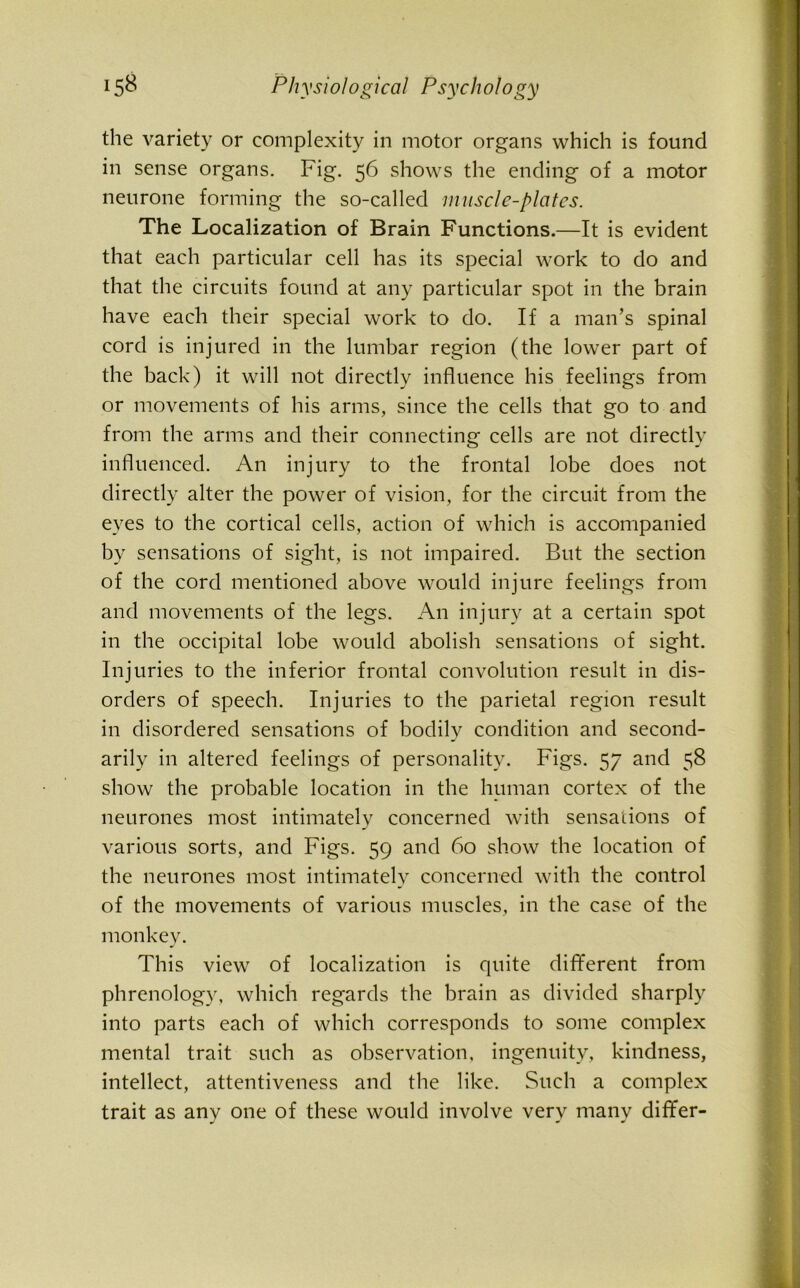 the variety or complexity in motor organs which is found in sense organs. Fig. 56 shows the ending of a motor neurone forming the so-called muscle-plates. The Localization of Brain Functions.—It is evident that each particular cell has its special work to do and that the circuits found at any particular spot in the brain have each their special work to do. If a man’s spinal cord is injured in the lumbar region (the lower part of the back) it will not directly influence his feelings from or movements of his arms, since the cells that go to and from the arms and their connecting cells are not directly influenced. An injury to the frontal lobe does not directly alter the power of vision, for the circuit from the eyes to the cortical cells, action of which is accompanied by sensations of sight, is not impaired. But the section of the cord mentioned above would injure feelings from and movements of the legs. An injury at a certain spot in the occipital lobe would abolish sensations of sight. Injuries to the inferior frontal convolution result in dis- orders of speech. Injuries to the parietal region result in disordered sensations of bodily condition and second- arily in altered feelings of personality. Figs. 57 and 58 show the probable location in the human cortex of the neurones most intimately concerned with sensations of various sorts, and Figs. 59 and 60 show the location of the neurones most intimately concerned with the control of the movements of various muscles, in the case of the monkey. This view of localization is quite different from phrenology, which regards the brain as divided sharply into parts each of which corresponds to some complex mental trait such as observation, ingenuity, kindness, intellect, attentiveness and the like. Such a complex trait as any one of these would involve very many differ-