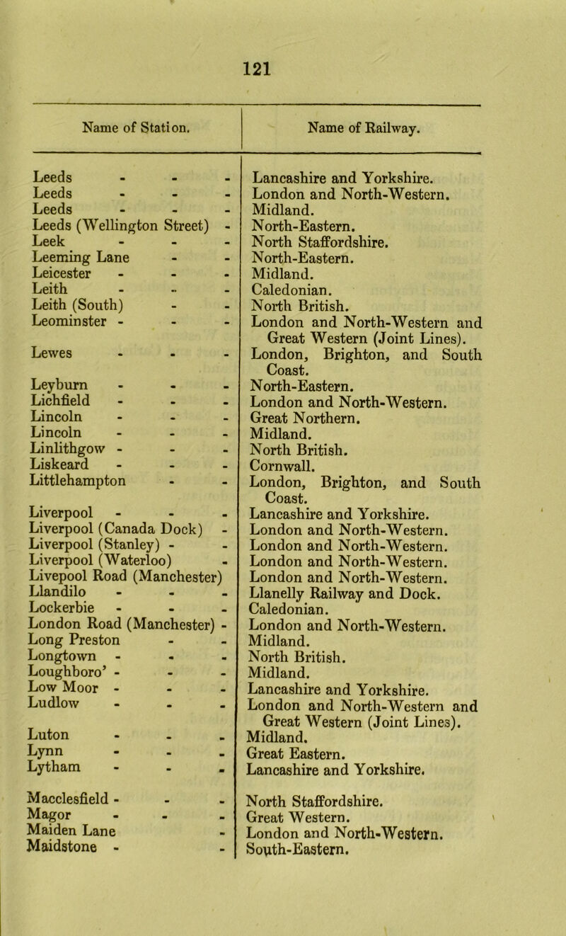 Name of Station. Name of Railway. Leeds • • Lancashire and Yorkshire. Leeds - London and North-Western. Leeds - Midland. Leeds (Wellington Street) m North-Eastern. Leek - North Staffordshire. Leeming Lane - North-Eastern. Leicester . Midland. Leith • Caledonian. Leith (South) - North British. Leominster - - London and North-Western and Great Western (Joint Lines). Lewes “ London, Brighton, and South Coast. Leybum North-Eastern. Lichfield - . London and North-Western. Lincoln Great Northern. Lincoln • Midland. Linlithgow - - North British. Liskeard - Cornwall. Littlehampton - London, Brighton, and South Coast. Liverpool m Lancashire and Yorkshire. Liverpool (Canada Dock) - London and North-Western. Liverpool (Stanley) - - London and North-Western. Liverpool (Waterloo) m London and North-Western. Livepool Road (Manchester) London and North-Western. Llandilo m Llanelly Railway and Dock. Lockerbie Caledonian. London Road (Manchester) - London and North-Western. Long Preston • Midland. Lon^own m North British. Loughboro’ - - Midland. Low Moor - • Lancashire and Yorkshire. Ludlow m London and North-Western and Great Western (Joint Lines). Luton m Midland. Lynn m Great Eastern. Lytham m Lancashire and Yorkshire. Macclesfield - North Staffordshire. Magor Great Western. Maiden Lane . London and North-Western. Maidstone -