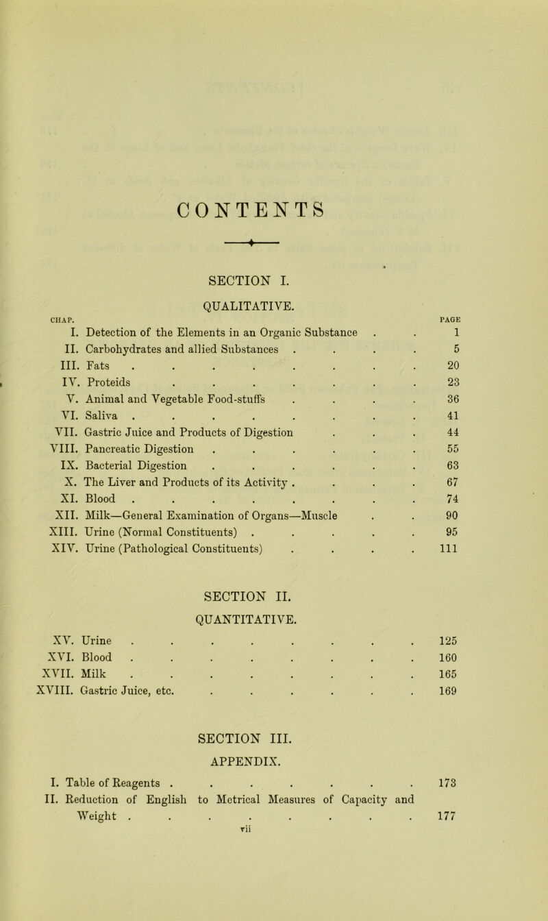 CONTENTS 4 SECTION I. QUALITATIVE. CIIAP. PAGE I. Detection of the Elements in an Organic Substance . . 1 II. Carbohydrates and allied Substances .... 5 III. Fats ........ 20 IV. Proteids ....... 23 V. Animal and Vegetable Food-stuffs .... 36 VI. Saliva ........ 41 VII. Gastric Juice and Products of Digestion ... 44 VIII. Pancreatic Digestion ...... 55 IX. Bacterial Digestion ...... 63 X. The Liver and Products of its Activity .... 67 XI. Blood ........ 74 XII. Milk—General Examination of Organs—Muscle . . 90 XIII. Urine (Normal Constituents) ..... 95 XIV. Urine (Pathological Constituents) . . . . Ill SECTION II. QUANTITATIVE. XV. Urine ........ 125 XVI. Blood ........ 160 XVII. Milk ........ 165 XVIII. Gastric Juice, etc. ...... 169 SECTION III. APPENDIX. I. Table of Reagents ....... 173 II. Reduction of English to Metrical Measures of Capacity and Weight .... rii 177
