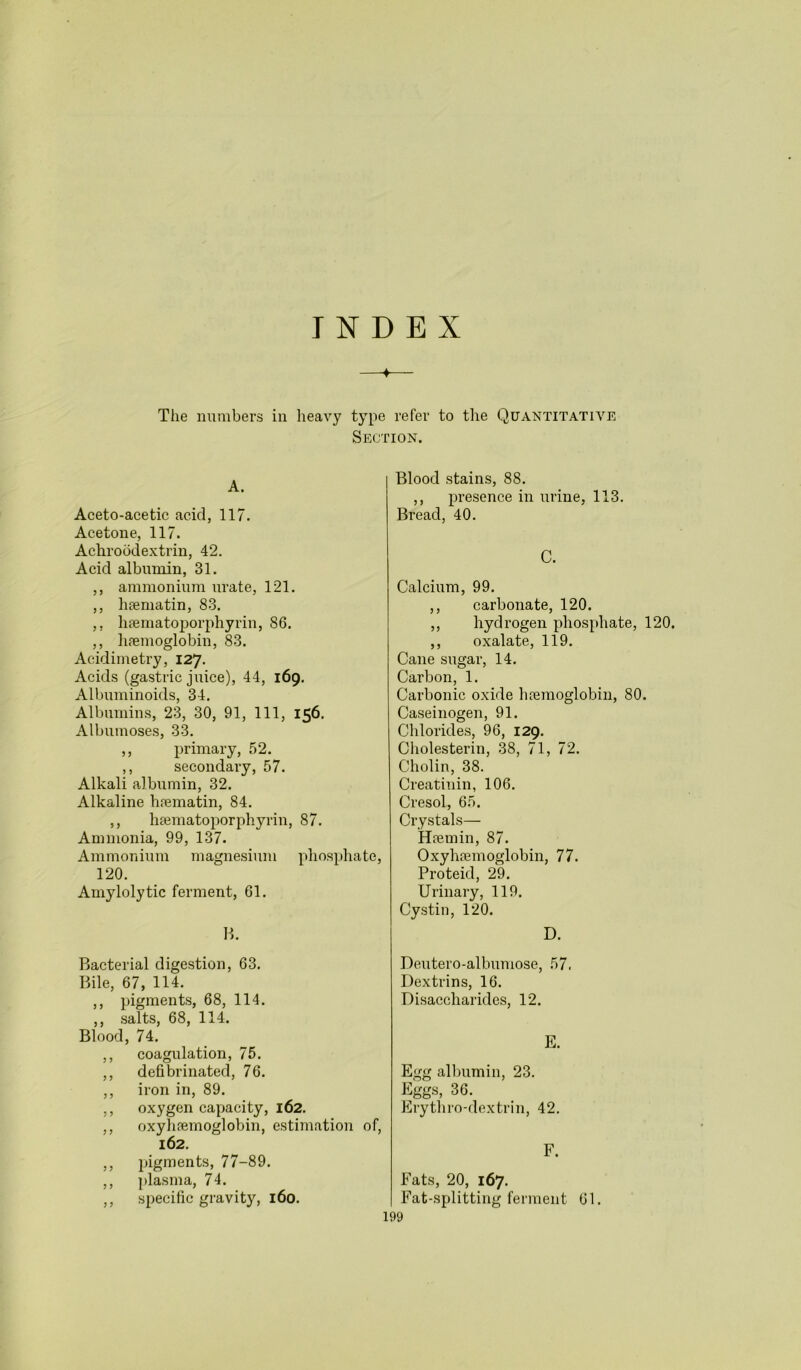 INDEX ♦ The numbers in heavy type refer to the Quantitative Section. A. Aceto-acetic acid, 117. Acetone, 117. Achroodextrin, 42. Acid albumin, 31. ,, ammonium urate, 121. ,, hsematin, 83. ,, lisematoporphyrin, 86. ,, hsemoglobin, 83. Acidimetry, 127. Acids (gastric juice), 44, 169. Albuminoids, 34. Albumins, 23, 30, 91, 111, 156. Albumoses, 33. ,, primary, 52. ,, secondary, 57. Alkali albumin, 32. Alkaline hsematin, 84. ,, lisematoporphyrin, 87. Ammonia, 99, 137. Ammonium magnesium phosphate. 120. Amylolytic ferment, 61. B. Bacterial digestion, 63. Bile, 67, 114. ,, pigments, 68, 114. ,, salts, 68, 114. Blood, 74. ,, coagulation, 75. ,, defibrinated, 76. ,, iron in, 89. ,, oxygen capacity, 162. ,, oxyhsemoglobin, estimation of. 162. ,, pigments, 77-89. ,, plasma, 74. ,, specific gravity, 160. I Blood stains, 88. ,, presence in urine, 113. Bread, 40. C. Calcium, 99. ,, carbonate, 120. ,, hydrogen phosphate, 120. ,, oxalate, 119. Cane sugar, 14. Carbon, 1. Carbonic oxide hsemoglobin, 80. Caseinogen, 91. Chlorides, 96, 129. Cholesterin, 38, 71, 72. Cholin, 38. Creatinin, 106. Cresol, 65. Crystals— Hsemin, 87. Oxyhsemoglobin, 77. Proteid, 29. Urinary, 119. Cystin, 120. D. Deutero-albnmose, 57. Dextrins, 16. Disaccharides, 12. E. Egg albumin, 23. Eggs, 36. Erythro-dextrin, 42. F. Fats, 20, 167. Fat-splitting ferment 61.