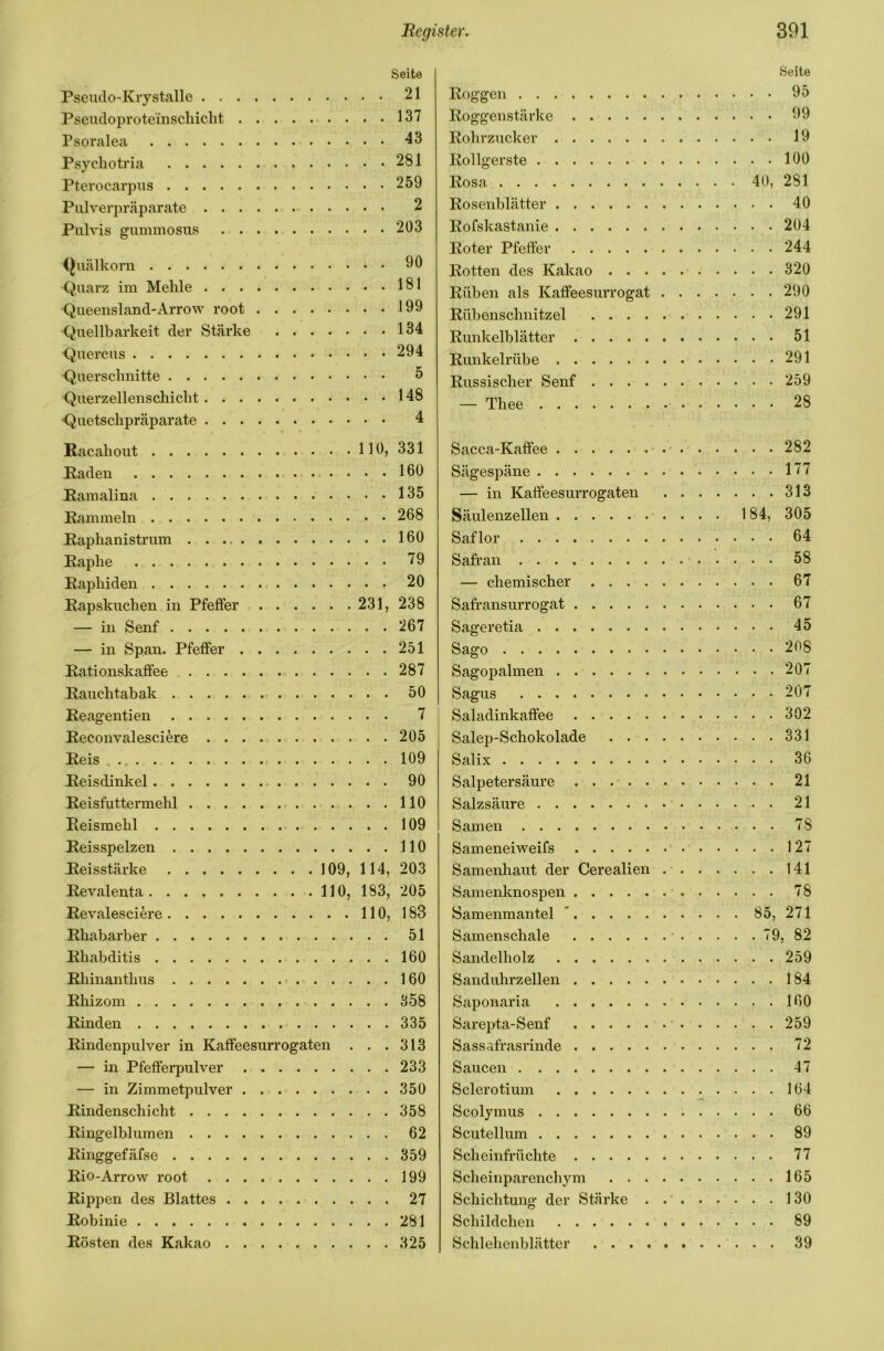 Seite Pseudo-Kiystalle 21 Psendoproteinschicht 137 Psoralea 43 Psycliotria 281 Pterocarpus 259 Piilverpräparate 2 Pulvis gummosus 203 i^Ucälkorn 90 Quarz im Mehle 181 Queensland-Arrow root 199 Quellbarkeit der Stärke 134 Quercus 294 Querschnitte 5 Querzellenschicht 148 Quetschpräparate 4 Racahout 110, 331 Raden 160 Rainalina 135 Rammeln 268 Raphanistrum 160 Raphe 79 Raphiden 20 Rapskuchen in Pfeffer 231, 238 — in Senf 267 — in Span. Pfeffer 251 Rationskaffee 287 Rauchtabak 50 Reagentien 7 Reconvalesciere 205 Reis 109 Reisdinkel 90 Reisfuttermehl 110 Reismehl 109 Reisspelzen 110 Reisstärke 109, 114, 203 Revalenta 110, 183, 205 Revalesciere 110, 183 Rhabarber 51 Rhabditis 160 Rhinanthus 160 Rhizom 358 Rinden 335 Rindenpulver in Kaffeesurrogaten . . .313 — in Pfefferpulver 233 — in Zimmetpulver 350 Rindenschicht 358 Ringelblumen 62 Ringgefäfse 359 Rio-Arrow root 199 Rippen des Blattes 27 Robinie 281 Rösten des Kakao 325 Seite Roggen 95 Roggenstärke 99 Rohrzucker 19 Rollgerste 100 Rosa 40, 281 Rosenblätter 40 Rofskastanie 204 Roter Pfeffer 244 Rotten des Kakao 320 Rüben als Kaffeesurrogat 290 Rübenschnitzel 291 Runkelblätter 51 Runkelrübe 291 Russischer Senf 259 — Thee 28 Sacca-Kaffee 282 Sägespäne H7 — in Kaffeesurrogaten 313 Säulenzellen 184, 305 Saflor 64 Safran 58 — chemischer 67 Safransurrogat 67 Sageretia 45 Sago 208 Sagopalmen 207 Sagus 207 Saladinkaffee . 302 Salep-Schokolade 331 Salix 36 Salpetersäure 21 Salzsäure 21 Samen 78 Sameneiweifs 127 Samenhaut der Cerealien 141 Samenknospen 78 Samenmantel ” 85, 271 Samenschale 79, 82 Sandelholz 259 Sanduhrzellen 184 Saponaria 160 Sarepta-Senf 259 Sassafrasrinde 72 Saucen 47 Sclerotium 164 Scolymus 66 Scutellum 89 Scheinfrüchte 77 Scheinparenchym 165 Schichtung der Stärke . 130 Schildchen 89 Schlehenblätter 39