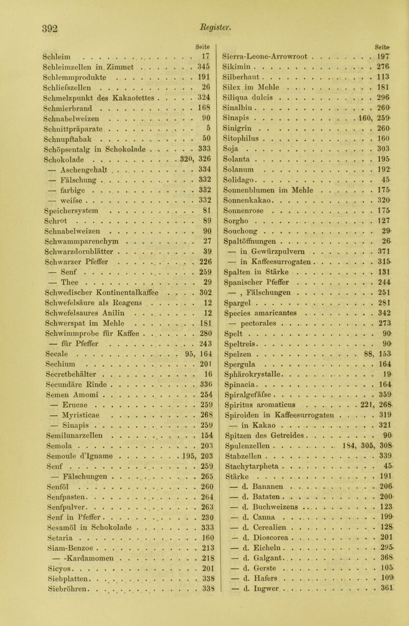 Seite Schleim 1 Sclileimzellen in. Zimmet 345 Schlemmprodukte 191 Schliefszellen 26 Schmelzpunkt des Kakaofettes 324 Schmierbrand 168 Schnabel weizen 90 Schnittpräparate 5 Schnupftabak 50 Schöpsentalg in Schokolade 333 Schokolade 320, 326 — Aschengehalt 334 — Fälschung 332 — farbige 332 — weifse 332 Speichersystem 81 Schrot 89 Schnabelweizen 90 Schwammparenchym 27 Schwarzdornblätter 39 Schwarzer Pfeffer , 226 — Senf , 259 — Thee 29 Schwedischer Kontinentalkaffee .... 302 Schwefelsäure als Reagens 12 Schwefelsaures Anilin 12 Schwerspat im Mehle 181 Schwimmprobe für Kaffee . ., 280 — für Pfeffer 243 Secale 95, 164 Sechium 201 Secretbehälter 16 Secundäre Rinde 336 Semen Amomi 254 — Erucae 259 — Myristicae 268 — Sinapis 259 Serailunarzellen ^ 154 Semola 203 Semoule d’lgname 195, 203 Senf 259 — Fälschungen 265 Senföl 260 Senfpasten ,. , 264 Senfpulver 263 Senf in Pfeffer , 230 Sesamöl in Schokolade 333 Setaria 160 Siam-Benzoe 213 — -Kardamomen 218 Sicyos 201 Siebplatten. • .. 338 Siebröhren 338 • • • » Sierra-Leone-Arrowroot . . . Sikimin Silberhaut Silex im Mehle Siliqua dulcis Sinalbin Sinapis Sinigrin Sitophilus Soja Solanta Solanum Solidago Sonnenblumen im Mehle . . Sonnenkakao Sonnenrose Sorgho Souchong Spaltöffnungen — in Gewürzpulvera . . . — in Kaffeesurrogaten. . . Spalten in Stärke Spanischer Pfeffer — , Fälschungen Spargel Species amaricantes .... — pectorales Spelt Speltreis Spelzen Spergula Sphärokrystalle Spinacia Spiralgefäfse Spiritus aromaticus .... Spiroiden in Kaffeesurrogaten — in Kakao Spitzen des Getreides .... Spulenzellen . .= Stabzellen Stachytarpheta Stärke — d. Bananen — d. Bataten — d. Buchweizens ... . • — d. Canna — d. Cerealien — d. Dioscorea — d. Eicheln — d. Galgant — d. Gerste — d. Hafers . . ... . . — d. Ingwer Seite- . . . . 19T . . . . 27ff . ... 113 . ... 181 .... 296 .... 260 . . 160, 259 .... 260 .... 160 .... 303 .... 195 .... 192 .... 45 .... 175 .... 320 .... 175 . ... 127 .... 2ff .... 26- .... 371 ....315- .... 131 .... 244 .... 251 .... 281 .... 342 .... 273 .... 90 .... 90' . . 88, 15a .... 164 .... 19 .... 164 .... 359 . . 221, 268 .... 319 .... 321 .... 90 184, 305, 308 .... 339 .... 45. .... 191 .... 206 .... 200 .... 123 .... 199 .... 128 .... 201 .... 295- .... 368 .... 105 109' 361
