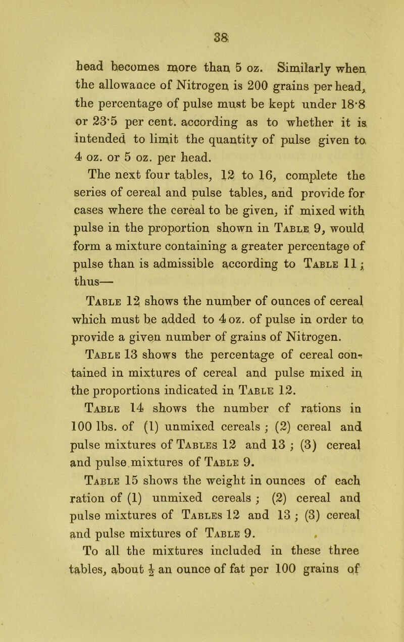 38; head becomes more than 5 oz. Similarly when the allowance of Nitrogen is 200 grains per head, the percentage of pulse must be kept under 18*8 or 23*5 per cent, according as to whether it is intended to lim,it the quantity of pulse given to, 4 oz. or 5 oz. per head. The next four tables, 12 to 16, complete the series of cereal and pulse tables, and provide for cases where the cereal to be given, if mixed with pulse in the proportion shown in Table 9, would form a mixture containing a greater percentage of pulse than is admissible according to Table 11; thus— Table 12 shows the number of ounces of cereal which must be added to 4oz. of pulse in order to provide a given number of grains of Nitrogen. Table 13 shows the percentage of cereal con- tained in mixtures of cereal and pulse mixed in the proportions indicated in Table 12. Table 14 shows the number of rations in 100 lbs. of (l) unmixed cereals ; (2) cereal and pulse mixtures of Tables 12 and 13 ; (3) cereal and pulse mixtures of Table 9. Table 15 shows the weight in ounces of each ration of (1) unmixed cereals ; (2) cereal and pulse mixtures of Tables 12 and 13 ; (3) cereal and pulse mixtures of Table 9. To all the mixtures included in these three tables, about \ an ounce of fat per 100 grains of