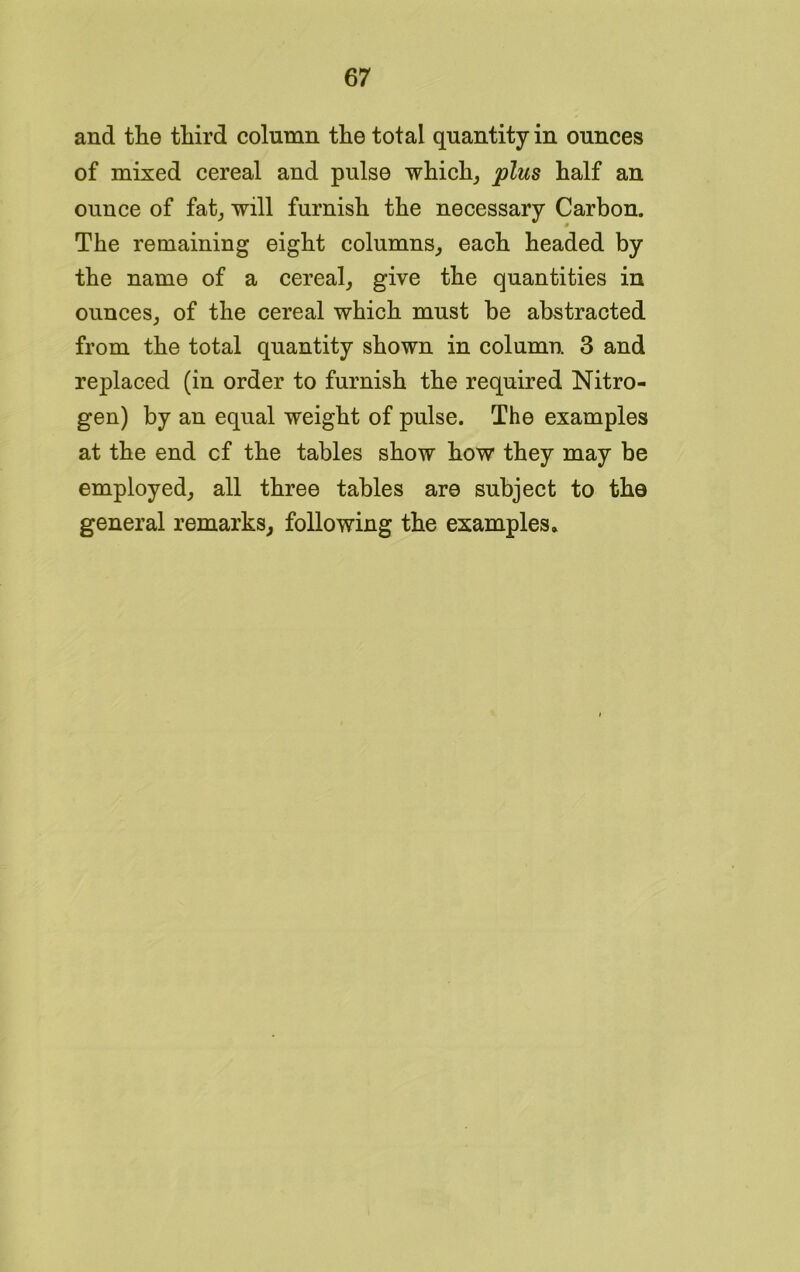 and the third column the total quantity in ounces of mixed cereal and pulse which, plus half an ounce of fat, will furnish the necessary Carbon. The remaining eight columns, each headed by the name of a cereal, give the quantities in ounces, of the cereal which must be abstracted from the total quantity shown in column. 3 and replaced (in order to furnish the required Nitro- gen) by an equal weight of pulse. The examples at the end cf the tables show how they may be employed, all three tables are subject to the general remarks, following the examples*