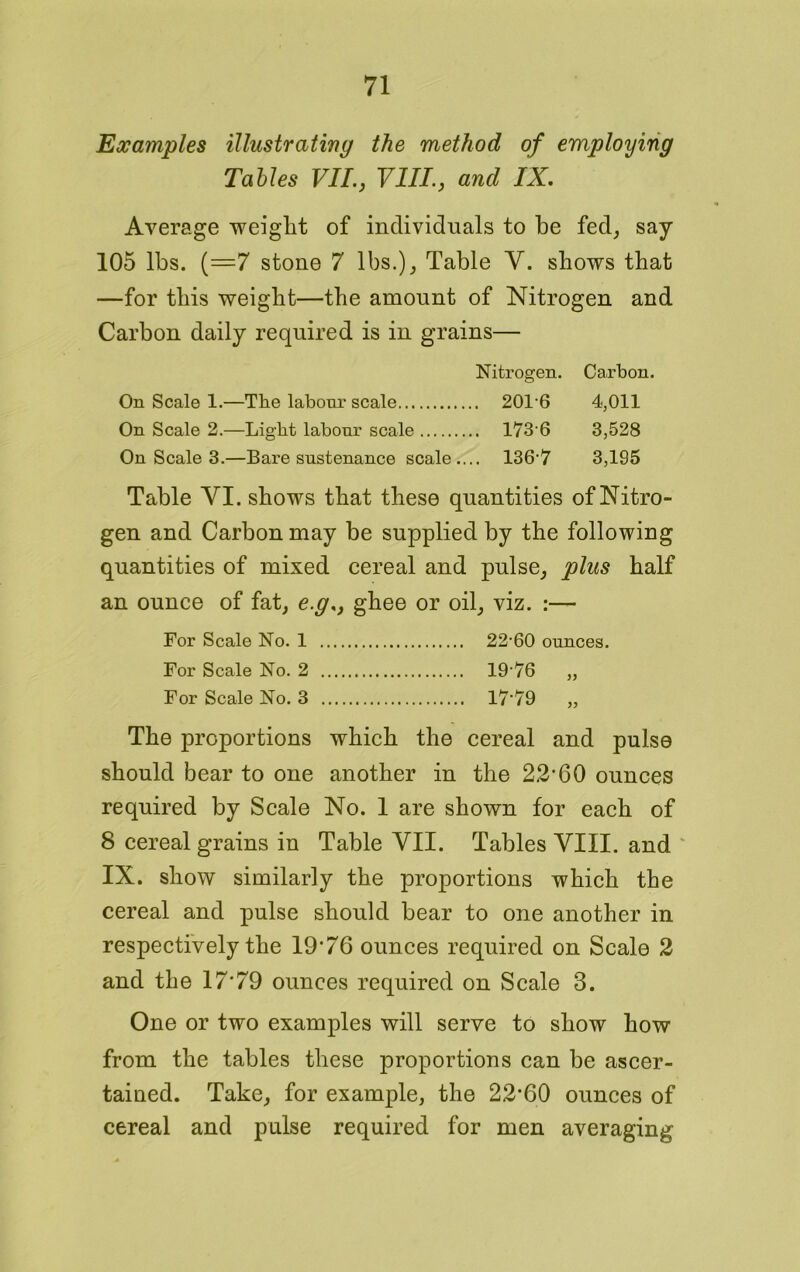 Examples illustrating the method of employing Tables VII., VIII., and IX. Average weight of individuals to be fed, say 105 lbs. (=7 stone 7 lbs.), Table Y. shows that —for this weight—the amount of Nitrogen and Carbon daily required is in grains— Nitrogen. Carbon. On Scale 1.—The labonr scale 2016 4,011 On Scale 2.—Light labonr scale 1736 3,528 On Scale 3.—Bare sustenance scale.... 136-7 3,195 Table YI. shows that these quantities of Nitro- gen and Carbon may be supplied by the following quantities of mixed cereal and pulse, plus half an ounce of fat, e.g,, ghee or oil, viz. :— For Scale No. 1 22-60 ounces. For Scale No. 2 19 76 „ For Scale No. 3 1779 „ The proportions which the cereal and pulse should bear to one another in the 22*60 ounces required by Scale No. 1 are shown for each of 8 cereal grains in Table VII. Tables VIII. and IX. show similarly the proportions which the cereal and pulse should bear to one another in respectively the 19*76 ounces required on Scale 2 and the 17*79 ounces required on Scale 3. One or two examples will serve to show how from the tables these proportions can be ascer- tained. Take, for example, the 22*60 ounces of cereal and pulse required for men averaging