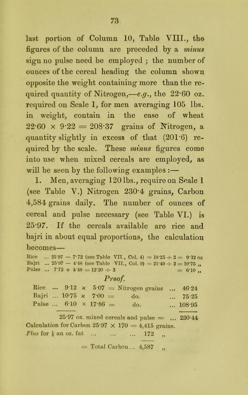 last portion of Column 10, Table VIII., the figures of the column are preceded by a minus sign no pulse need be employed ; the number of ounces of the cereal heading the column shown opposite the weight containing more than the re- quired quantity of Nitrogen,—e.g., the 22*60 oz. required on Scale 1, for men averaging 105 lbs. in weight, contain in the case of wheat 22*60 x 9*22 = 208*37 grains of Nitrogen, a quantity slightly in excess of that (201*6) re- quired by the scale. These minus figures come into use when mixed cereals are employed, as will be seen by the following examples :— 1. Men, averaging 120 lbs., require on Scale 1 (see Table V.) Nitrogen 230*4 grains, Carbon 4,584 grains daily. The number of ounces of cereal and pulse necessary (see Table VI.) is 25*97. If the cereals available are rice and bajri in about equal proportions, the calculation becomes— Rice ... 25 97 — 7'72 (see.Table VII., Col. 4) = 1875-4-2 = 972 oz Bajri ... 25'97 — 478 (see Table VII., Col. 9) = 2179 -4- 2 = 1075 „ Pulse ... 772 + 4-48 = 1270 -4-2 = 670 „ Proof. Rice ... 9'12 x 5 07 = Nitrogen grains ... 46-24 Bajri ... 1075 x 7’00 = do. ... 7525 Pulse ... 6-10 x 17-86 = do. ... 10895 2597 oz. mixed cereals and pulse = ... 230-44 Calculation for Carbon 25‘97 X 170 = 4,415 grains. Plus for £ an oz. fat ... ... ... 172 „ = Total Carbon... 4,587