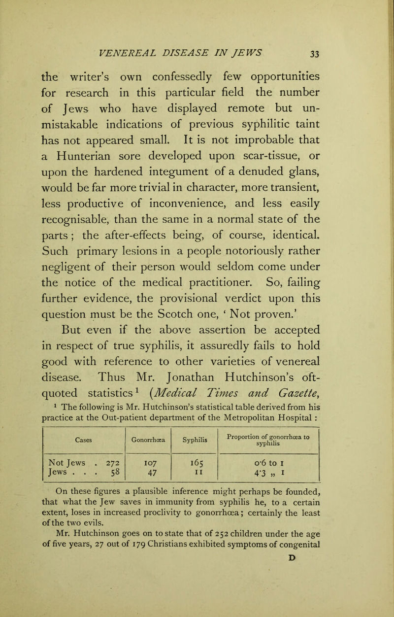 the writer’s own confessedly few opportunities for research in this particular field the number of Jews who have displayed remote but un- mistakable indications of previous syphilitic taint has not appeared small. It is not improbable that a Hunterian sore developed upon scar-tissue, or upon the hardened integument of a denuded glans, would be far more trivial in character, more transient, less productive of inconvenience, and less easily recognisable, than the same in a normal state of the parts ; the after-effects being, of course, identical. Such primary lesions in a people notoriously rather negligent of their person would seldom come under the notice of the medical practitioner. So, failing further evidence, the provisional verdict upon this question must be the Scotch one, ‘ Not proven.’ But even if the above assertion be accepted in respect of true syphilis, it assuredly fails to hold good with reference to other varieties of venereal disease. Thus Mr. Jonathan Hutchinson’s oft- quoted statistics1 (.Medical Times and Gazette, 1 The following is Mr. Hutchinson’s statistical table derived from his practice at the Out-patient department of the Metropolitan Hospital : Cases Gonorrhoea Syphilis Proportion of gonorrhoea to syphilis Not Jews . 272 107 i65 o-6 to 1 Jews . . . 58 47 II 4'3 „ 1 On these figures a plausible inference might perhaps be founded, that what the Jew saves in immunity from syphilis he, to a certain extent, loses in increased proclivity to gonorrhoea; certainly the least of the two evils. Mr. Hutchinson goes on to state that of 252 children under the age of five years, 27 out of 179 Christians exhibited symptoms of congenital D