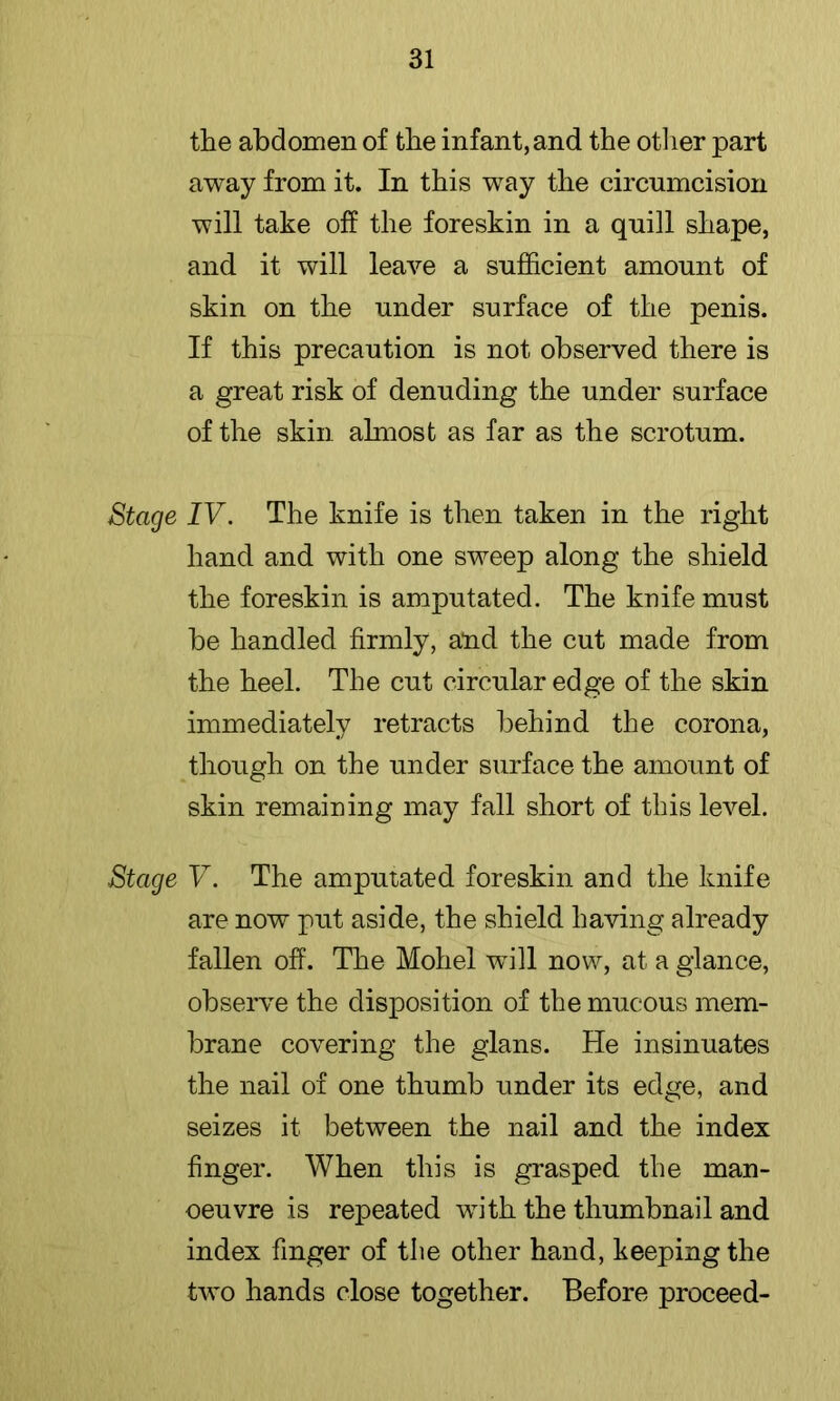 the abdomen of the infant, and the otlier part away from it. In this way the circumcision will take off the foreskin in a quill shape, and it will leaA’^e a sufficient amount of skin on the under surface of the penis. If this precaution is not observed there is a great risk of denuding the under surface of the skin almost as far as the scrotum. Stage IV. The knife is then taken in the right hand and with one sweep along the shield the foreskin is amputated. The knife must be handled firmly, and the cut made from the heel. The cut circular edge of the skin immediately retracts behind the corona, though on the under surface the amount of skin remaining may fall short of this level. Stage V. The amputated foreskin and the knife are now put aside, the shield having already fallen off. The Mohel will now, at a glance, observe the disposition of the mucous mem- brane covering the glans. He insinuates the nail of one thumb under its edge, and seizes it between the nail and the index finger. When this is grasped the man- oeuvre is repeated with the thumbnail and index finger of the other hand, keeping the two hands close together. Before proceed-