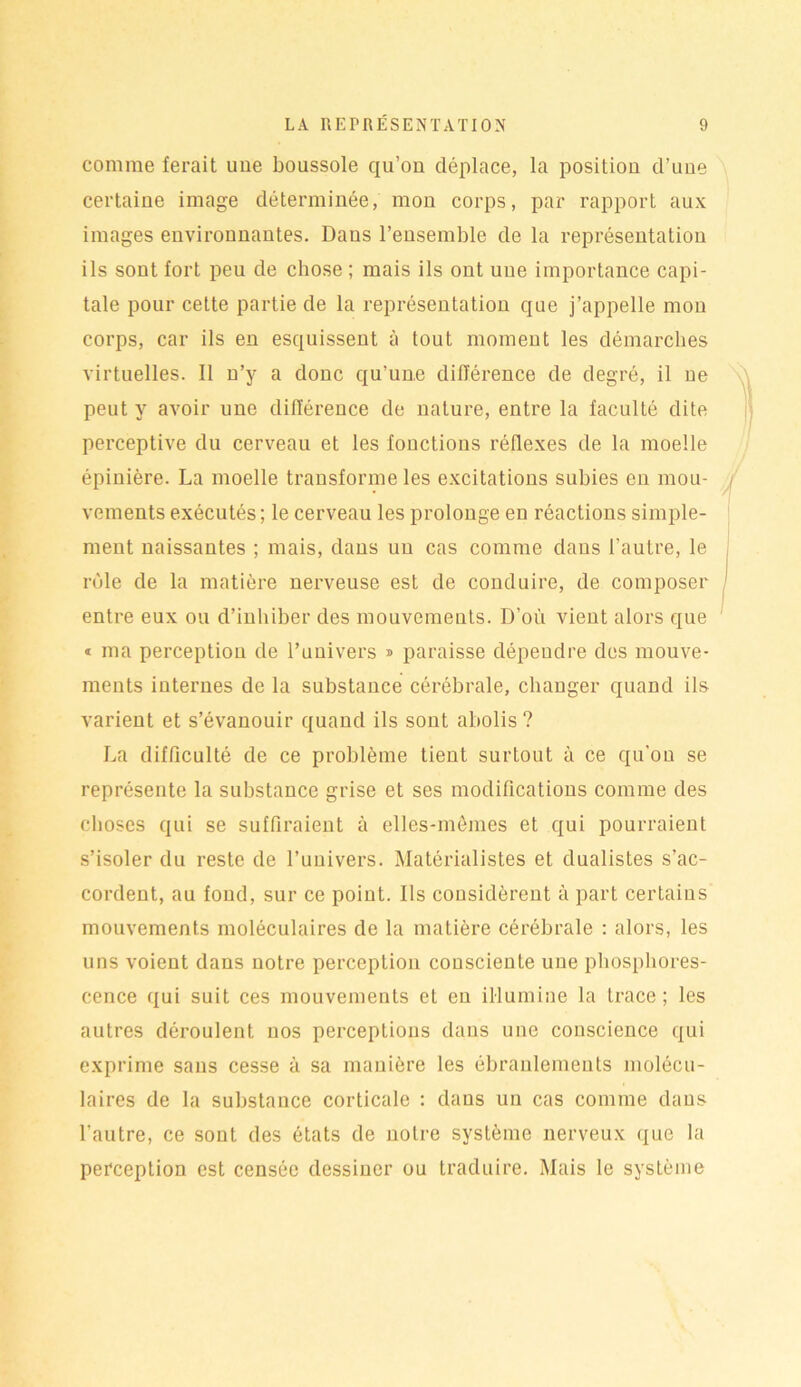 comme ferait une boussole qu’on déplace, la position d’une certaine image déterminée, mon corps, par rapport aux images environnantes. Dans l’ensemble de la représentation ils sont fort peu de chose ; mais ils ont une importance capi- tale pour cette partie de la représentation que j’appelle mon corps, car ils en esquissent à tout moment les démarches virtuelles. Il n’y a donc qu’une différence de degré, il ne peut y avoir une différence de nature, entre la faculté dite perceptive du cerveau et les fonctions réflexes de la moelle épinière. La moelle transforme les excitations subies en mou- vements exécutés; le cerveau les prolonge en réactions simple- ment naissantes ; mais, dans uu cas comme dans l’autre, le rôle de la matière nerveuse est de conduire, de composer entre eux ou d’inhiber des mouvements. D’où vient alors que « ma perception de l’univers » paraisse dépendre des mouve- ments internes de la substance cérébrale, changer quand ils varient et s’évanouir quand ils sont abolis? La difficulté de ce problème tient surtout à ce qu'on se représente la substance grise et ses modifications comme des choses qui se suffiraient à elles-mêmes et qui pourraient s’isoler du reste de l’univers. Matérialistes et dualistes s’ac- cordent, au fond, sur ce point. Ils considèrent à part certains mouvements moléculaires de la matière cérébrale : alors, les uns voient dans notre perception consciente une phosphores- cence qui suit ces mouvements et en illumine la trace; les autres déroulent nos perceptions dans une conscience qui exprime sans cesse à sa manière les ébranlements molécu- laires de la substance corticale : dans un cas comme dans l’autre, ce sont des états de notre système nerveux que la perception est censée dessiner ou traduire. Mais le système