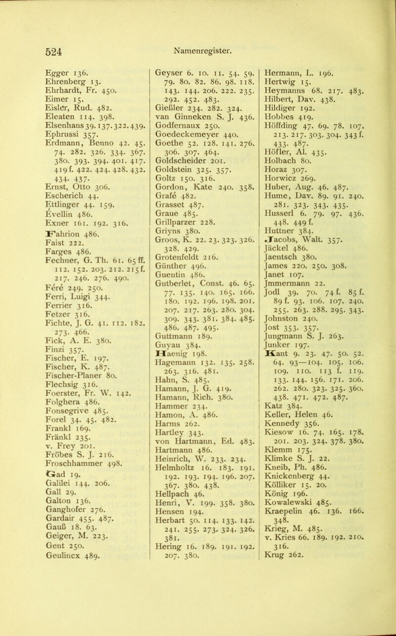 Egger 136. Ehrenberg 13. Ehrhardt, Fr. 450. Eimer 15. Eisler, Rud. 482. Eleaten 114. 398. Elsenhans 39.137.322.439. Ephrussi 357. Erdmann, Benno 42. 45. 74. 282. 326. 334. 367. 380. 393- 394- 401. 417- 419h 422. 424. 428. 432. 434- 437- Emst, Otto 306. Escherich 44. Ettlinger 44. 159. Evellin 486. Exner 161. 192. 316. Fahrion 486. Faist 222. Farges 486. Fechner, G. Th. 61. 65 ff. 112. 152. 203. 212. 215 h 217. 246. 276. 490. Fere 249. 250. Ferri, Luigi 344. Ferner 316. Fetzer 316. Fichte, J. G. 41. 112. 182. 273. 466. Fick, A. E. 380. Finzi 357. Fischer, E. 197. Fischer, K. 487. Fischer-Planer 80. Flechsig 316. Foerster, Fr. W. 142. Folghera 486. Fonsegrive 485. Forel 34. 45- 482. Frankl 169. Frankl 235. v. Frey 201. Fröbes S. J. 216. Froschhammer 498. Grad 19. Galilei 144. 206. Gail 29. Galton 136. Ganghofer 276. Gardair 4^. 487. Gauß 18 63. Geiger, M. 223. Gent 250. Geulincx 489. Geyser 6. 10. 11. 54. 59. 79. 80. 82. 86. 98. 118. 143. 144. 206. 222. 235. 292. 452. 483. Gießler 234. 282. 324. van Ginneken S. J. 436. Godfernaux 250. Goedeckemeyer 440. Goethe 52. 128. 141. 276. 306. 307. 464. Goldscheider 201. Goldstein 325. 357. Goltz 150. 316. Gordon, Kate 240. 358. Grafe 482. Grasset 487. Graue 485. Grillparzer 228. Griyns 380. Groos, K. 22. 23. 323. 326. 328. 429. Grotenfeldt 216. Günther 496. Guentin 486. Gutberiet, Const. 46. 65. 77- *35- HO. 165. 166. 180. 192. 196. 198. 201. 207. 217. 263. 280. 304. 309- 343- 381. 384- 485- 486. 487. 495. Guttmann 189. Guyau 384. Maenig 198. Hagemann 132. 135. 258. 263. 316. 481. Hahn, S. 485. Hamann, J. G. 419. Hamann, Rieh. 380. Hammer 234. Hamon, A. 486. Harms 262. Hartley 343. von Hartmann, Ed. 483. Hartmann 486. Heinrich, W. 233. 234. Helmholtz 16. 183. 191. 192. 193. 194. 196. 207. 367. 380. 438. Hellpach 46. Henri, V. 199. 358. 380. Hensen 194. Herbart 50. 114. 133. 142. 241. 255. 273. 324. 326. 381. Hering 16. 189. 191. 192. 207. 380. Hermann, L. 196. Hertwig 15. Heymanns 68. 217. 483. Hilbert, Dav. 438. Hildiger 192. Hobbes 419. Höffding 47. 69. 78. 107. 213. 217. 303. 304. 343 f. 433- 487- Höfler, Al. 435. Holbach 80. Horaz 307. Horwicz 269. Huber, Aug. 46. 487. Hume, Dav. 89. 91. 240. 281. 323. 343. 435. Husserl 6. 79. 97. 436. 448. 449 f. Hüttner 384. •Tacobs, Walt. 357. Jäckel 486. Jaentsch 380. James 220. 250. 308. Janet 107. Jmmermann 22. Jodl 39. 70. 74 f. 85 f. 89 f. 93. 106. 107. 240. 255. 263. 288. 295. 343. Johnston 240. Jost 353. 357. Jungmann S. J. 263. Junker 197. Kant 9. 23. 47- SO- 52. 64. 93—104. 105. 106. 109. 110. 113 f. 119. 133- H4- 156. 171- 206. 262. 280. 323. 325. 360. , 438. 471- 472. 487. Katz 384. | Keller, Helen 46. j Kennedy 356. Kiesow 16. 74. 165. 178. 201. 203. 324. 378. 380. j Klemm 175. | Klimke S. J. 22. Kneib, Ph. 486. Knickenberg 44. Kölliker 15. 20. j König 196. Kowalewski 485. i Kraepelin 46. 136. 166. j 348. | Krieg, M. 485. | v. Kries 66. 189. 192. 210. 316. Krug 262.