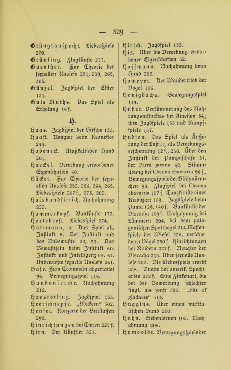 Ärüngraufpedjt. £iebesfpiele 270. <0rünling. ^lugfünfte 277. Äuentljer. §ur (Theorie ber fejuellen Huslefe 25 t, 259, 265, 305. öiinjel. ^agbfpiel ber Elfter m- <ßuts IHuttjs. Pas Spiel als (Erholung t6 f. *?• l7aas. 3aöbfpiel ber hjirfdje t33. l7aaft. Heugier beim Keanefior 24*. £f a b e n e cf. HTnfifalifcfjer ffunb 20^ a e cf e I. Dererbutig erroorbener (Eigenfdjaften 48. 17 a cf er. §ur (Theorie ber fe$u= eilen Huslefe 252, 256, 264, 265. Ciebesfpiele 267 f., 273, 282. l)alsbanbfittid?. Hacfyafjmnng 222. J)ammerfopf. Saufünfte \72. tfartebeeft. iiebesfpiel 274. £} artmann, r>. Pas Spiel als 3nftinft 8. Per unb bas Unbemufte 50, 39. Pas Heuniftfein beim 3nft*nft so. 3nftinft unb 3”*eUigen3 65, 67. Unbewußte feruelle Huslefe 26 ijafe. §um (Trommeln abgeridjtet 94. Betuegungsfpiel U4. Rauben lerere. Hadjafymung 2\2. E^ausrötling. 3a9&fpi<d \33. ffeerfcfynepfe. „HTecfern 502. f) e n fe l. Köderte ber Brüllaffen 290. {7 i n r i d? t u n g e n bei (Eieren 227 f. £7im. Per Kiinftler 521. Ifirfdj. 3a9^fpiel 133. £7 i s. Uber bie Dererbung em>or= bener (Sigenfcfyaften 52. Ejofftnann. Hadjabmung beim Ejunb 202. I7 0 tu e y e r. Per IDanbertrieb ber DÖgel t06. 0 it i g b a cf? s. Bemegungsfpiel m- £7 u b c r. Derfümtnerung bes Hai}- rungsinftinftes bei Hmeifen 54; ifjre 3«9^fpi^e 135 unb Kampf= fpiele t*7. ^nbfon. Pas Spiel als Üuße= rung ber £uft U/ alsDererbungs= erfdjeinung t2f., 258. Überben 3nftinft ber pampafebafe 3 t, ber Parra jacana 42. Stimwu Übung bei Chauna chavarria 96 f., Betoegungsfpiele ber<Slüt}n>ürm= djeti 98. ^lugfpiel bei Chauna chavarria J07 f. (Tansfiinfte einer Uiebit^art ^09. 3a9^fpiele beim Puma £29, t4of. Haufünfte ber Discacfya £69f. Hadjafymung bei £ätnmern 204, bei bem pata= gonifdjen Spottuogel2^.UTaf|'en= fpiele ber iPiefel 226, cerfdjie^ bener Dögel 230 f. fjinridjtungen bei Hinbern 227 f. Heugier ber Piscadja 243. Über fejueüe 2lus= lefe 250. Pie £icbesfpiele ererbt 258. Puette bei amerif. Specbt= arten 272 f. CEinc ^infenart, bie bei ber Bewerbung fdjledjter fingt, als fonft 500. „Fits of gladness“ 5 £ *£. fjuggins. Über einen mufifa= lifdjen punb 200. Ifntjn. (Sefyenlernen f05. Hadj= afymung 208. Fjumbolbt. Hewegnngsfpieleber